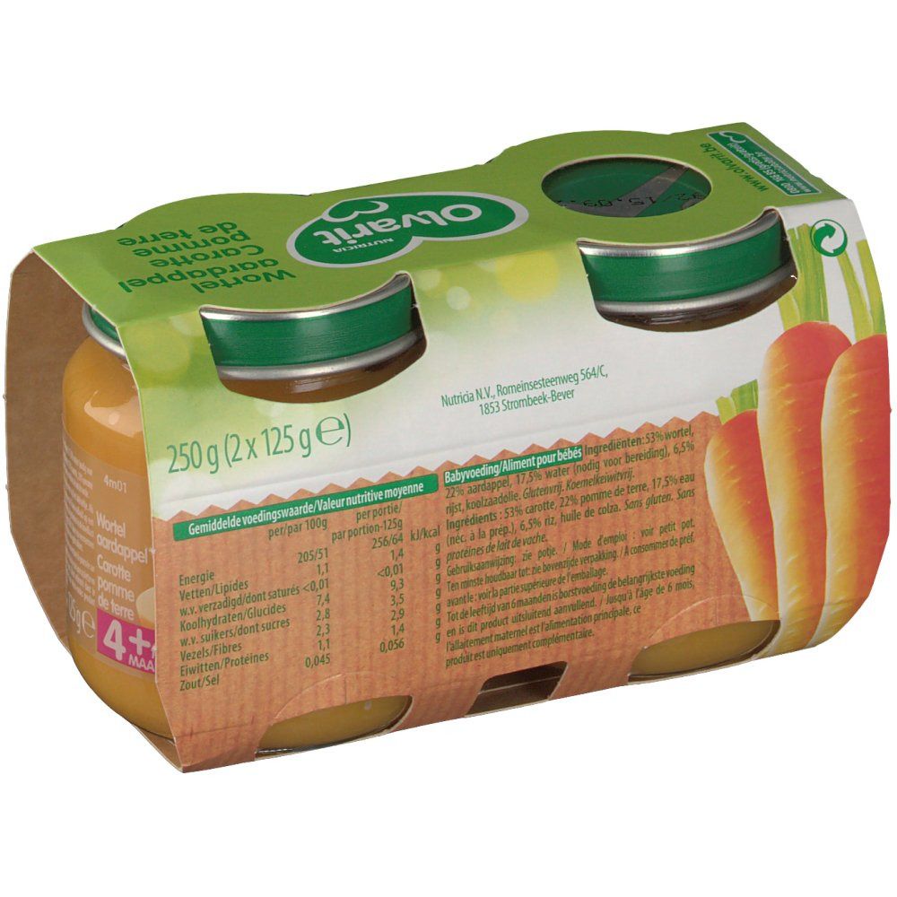 Verpakking met twee potjes Olvarit Wortel en Aardappel. Achterkant met voedingswaarde informatie. 250g (2x125g).