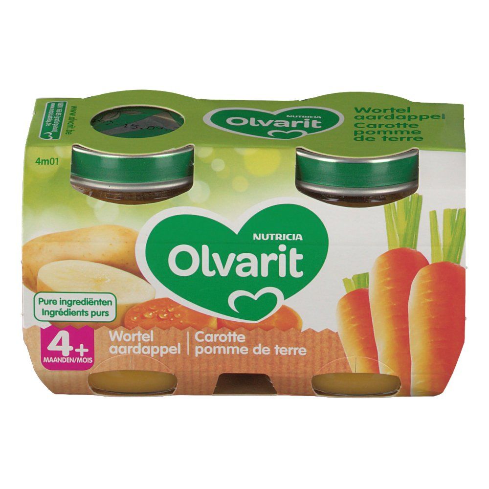 Verpakking met vier potjes Olvarit Wortel en Aardappel. Groen-wit etiket met wortel- en aardappel illustraties. 4M+.