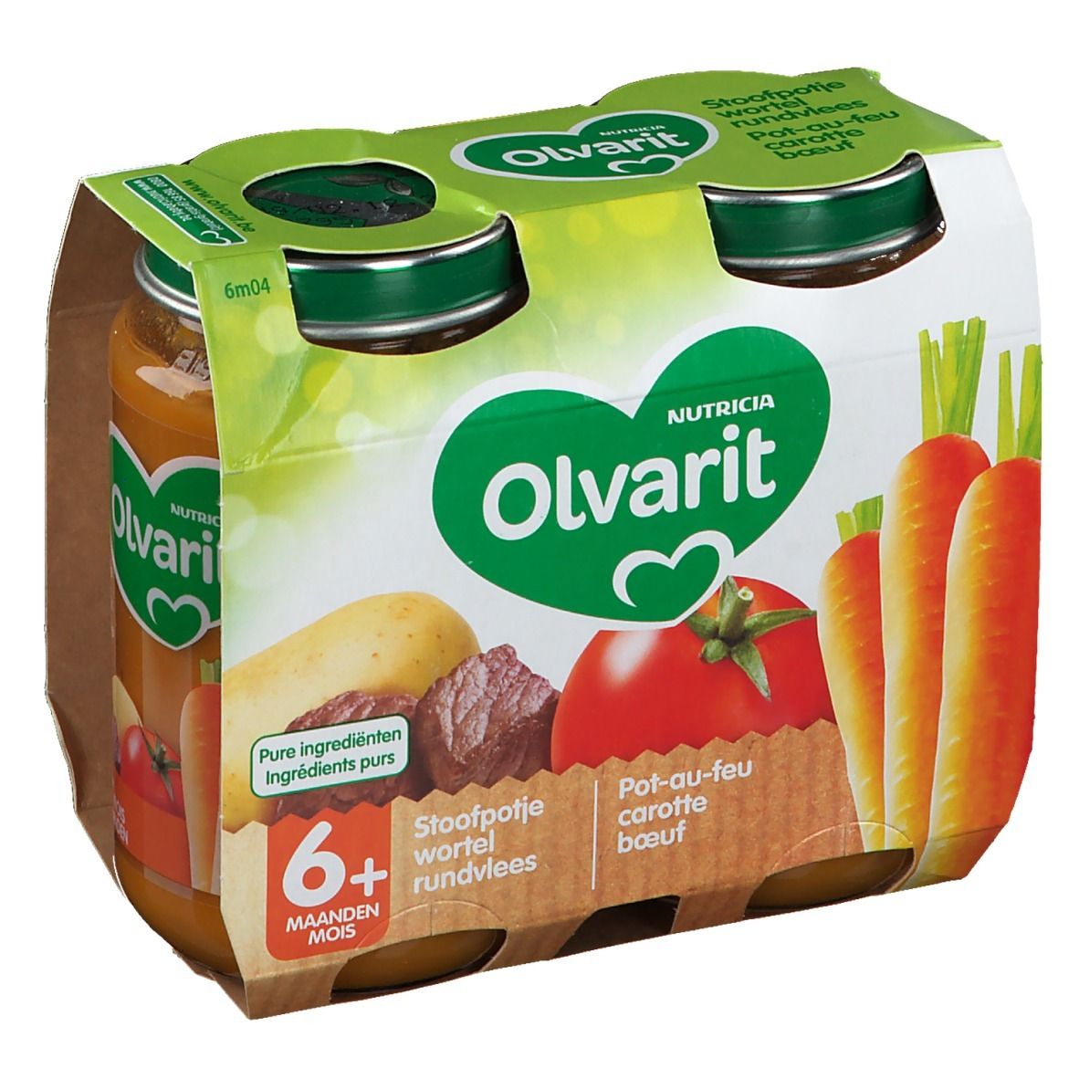 Emballage de quatre pots de nourriture pour bébé Olvarit. Inscriptions : Olvarit, 6+ mois, Pot-au-feu carotte boeuf.