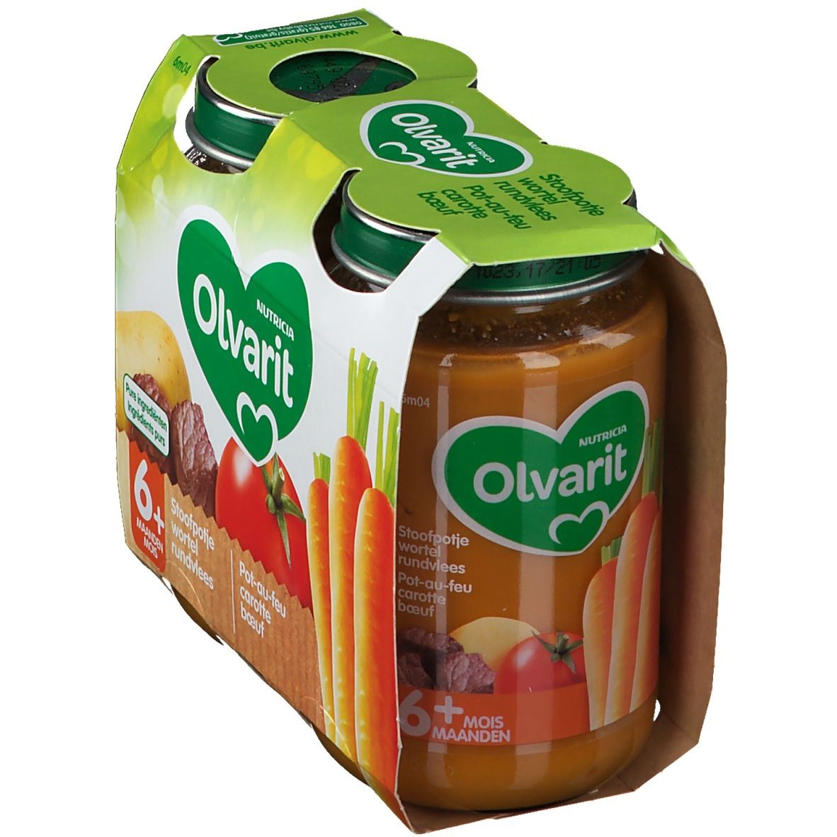 Emballage de quatre pots de nourriture pour bébé Olvarit. Inscriptions : Olvarit, 6+ mois, Pot-au-feu carotte boeuf.