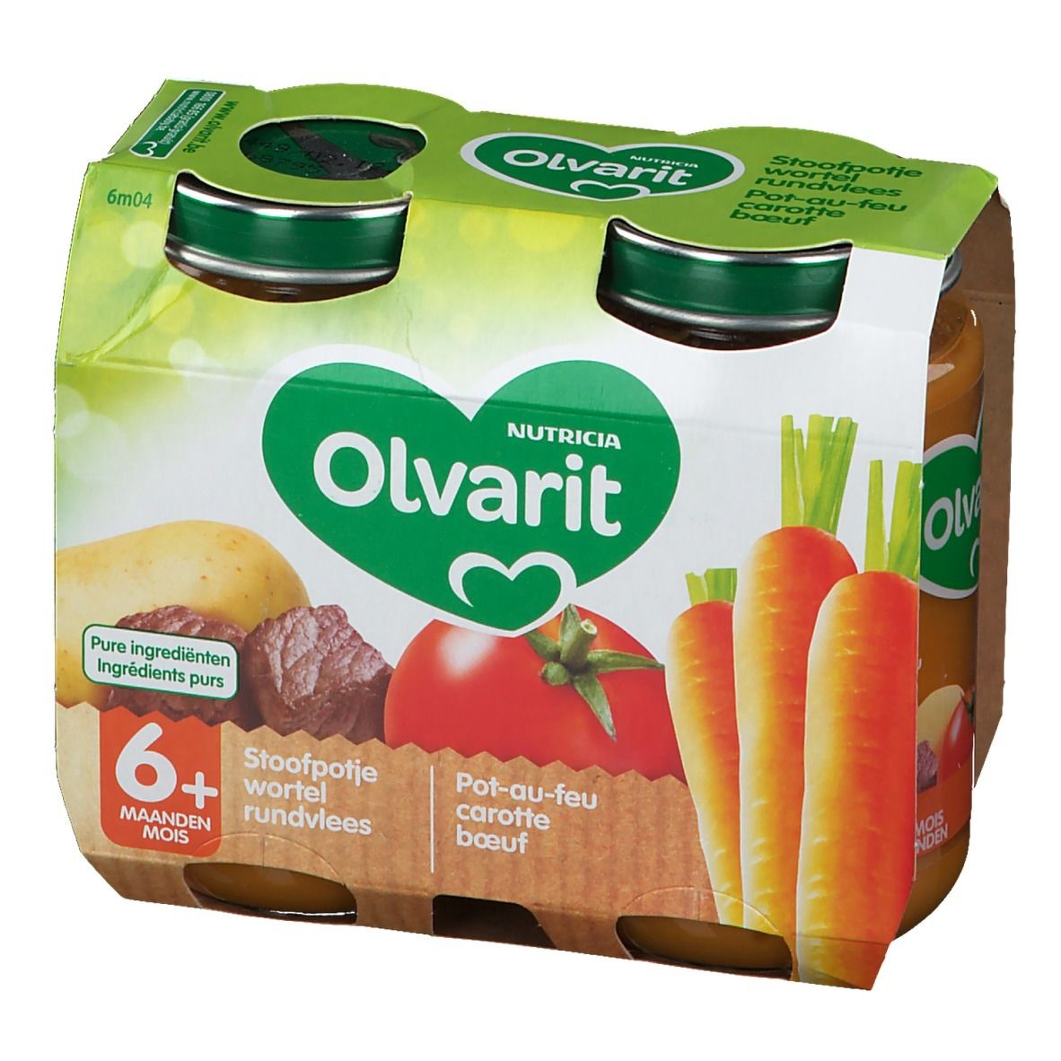 Emballage de quatre pots de nourriture pour bébé Olvarit. Inscriptions : Olvarit, 6+ mois, Pot-au-feu carotte boeuf.
