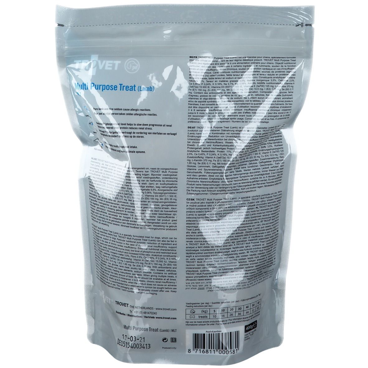 Dos du sachet Trovet Multi Purpose Treat (Agneau). Texte multilingue. Contient des informations sur les ingrédients et la valeur nutritionnelle.