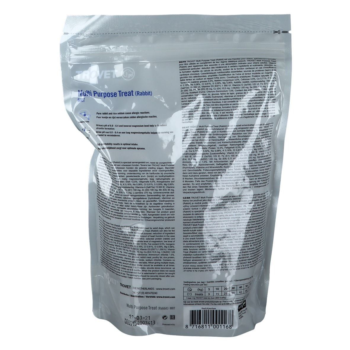 Rückseite des Hundesnack-Beutels. Text und Informationen auf transparentem Hintergrund. Marke Trovet.