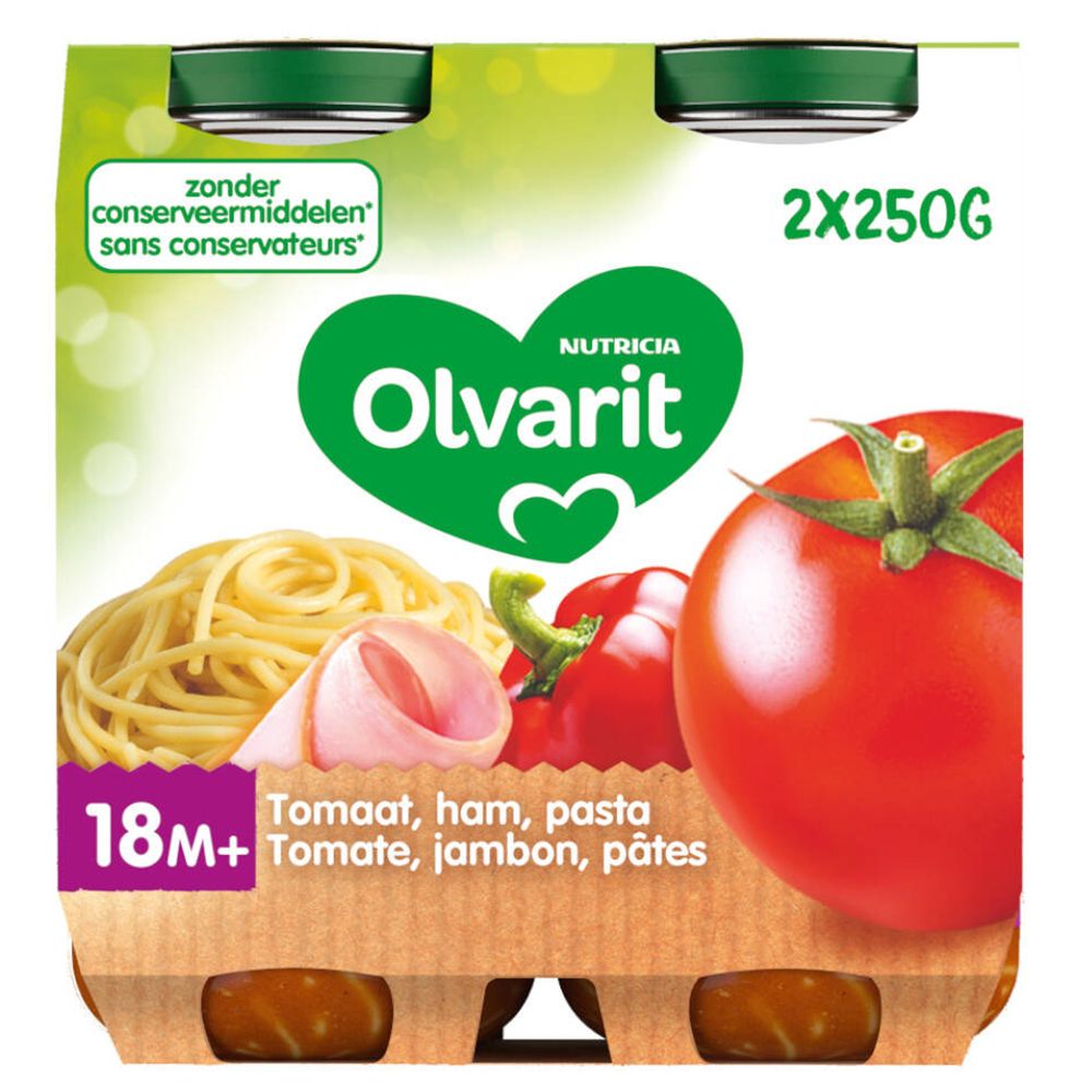 Emballage Olvarit Tomate, jambon et pâtes. 2 pots, 250g. Sans conservateurs. 18+ mois.