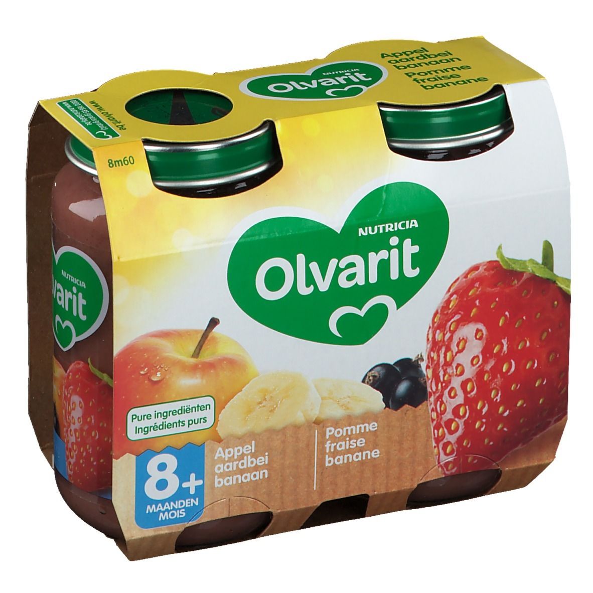 Verpakking met vier potjes Olvarit Appel Aardbei Banaan. Afbeelding van appel, aardbei en banaan. 8+ maanden.