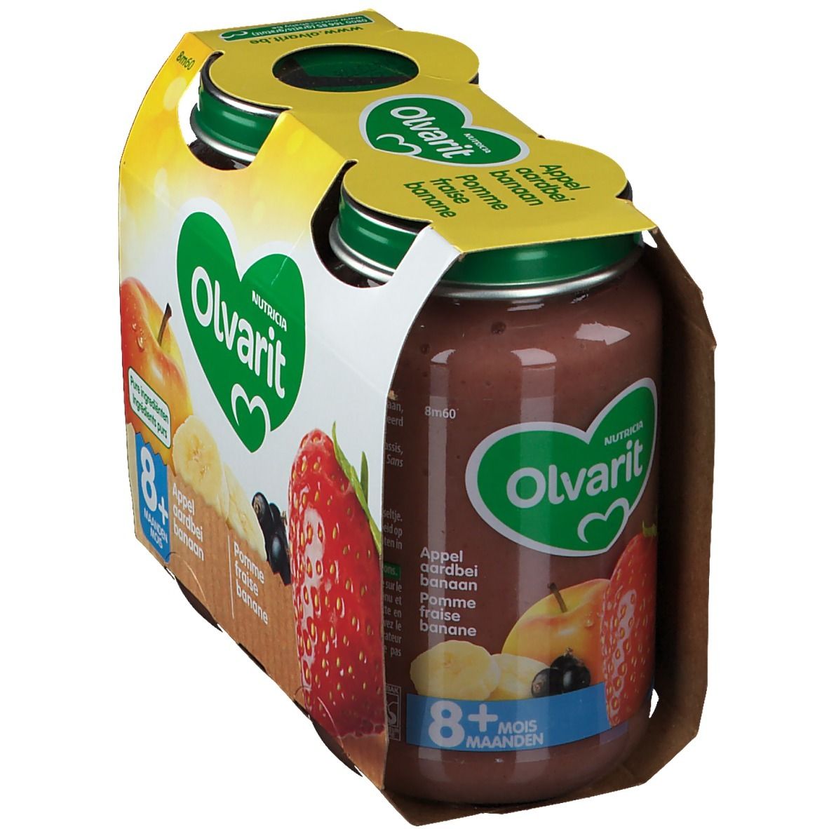 Verpakking met vier potjes Olvarit Appel Aardbei Banaan. Afbeelding van appel, aardbei en banaan. 8+ maanden.
