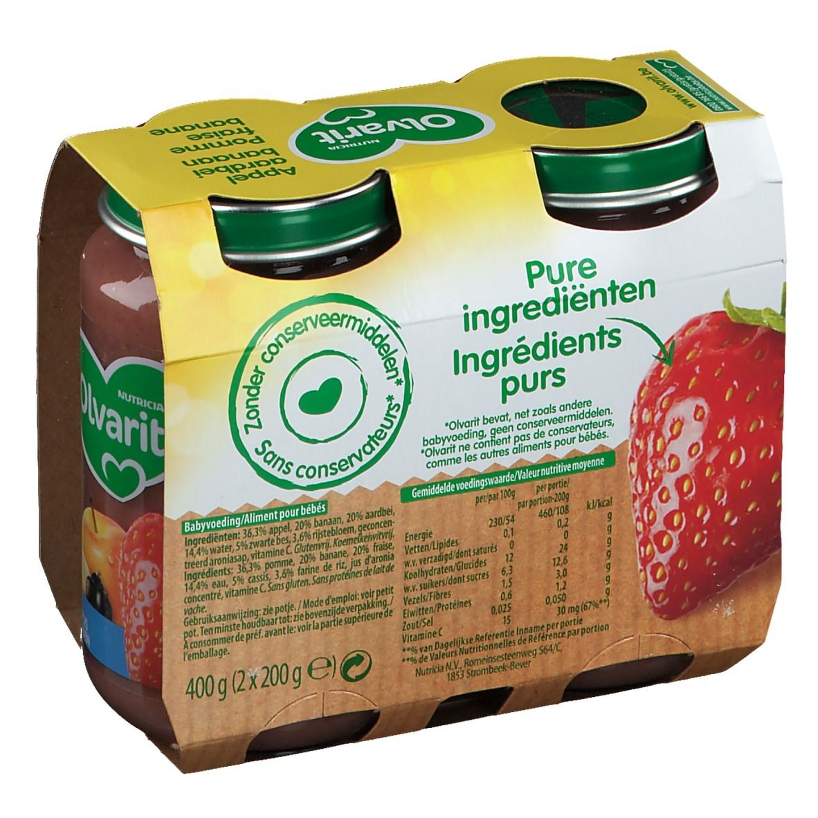 Verpakking met vier potjes Olvarit Appel Aardbei Banaan. Achterkant met voedingswaarde en tekst. 8+ maanden.