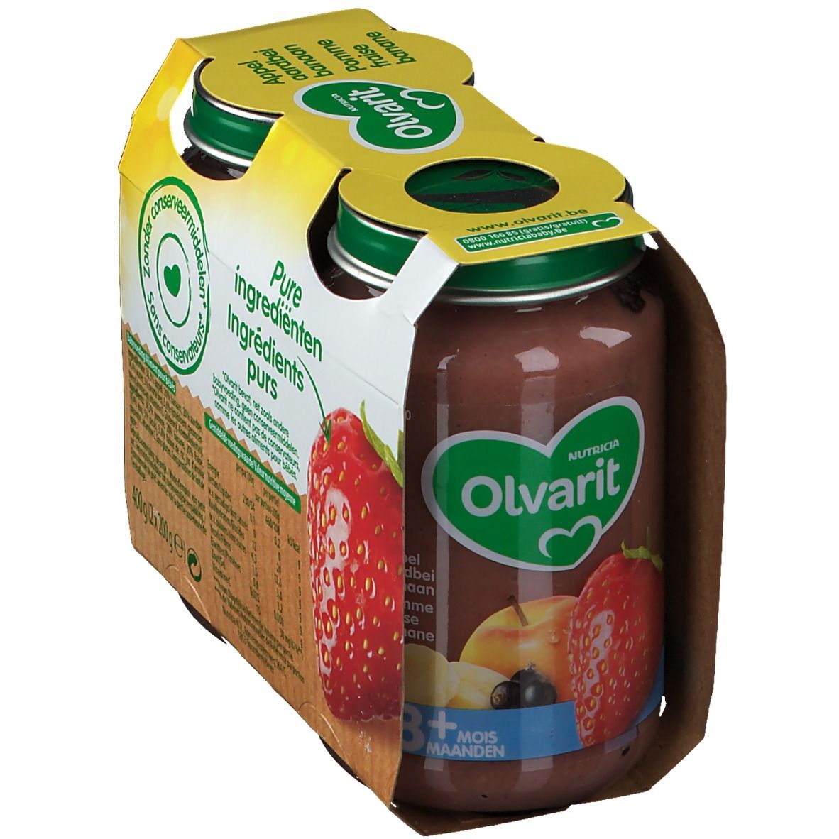 Verpakking met vier potjes Olvarit Appel Aardbei Banaan. Afbeelding van appel, aardbei en banaan. 8+ maanden.