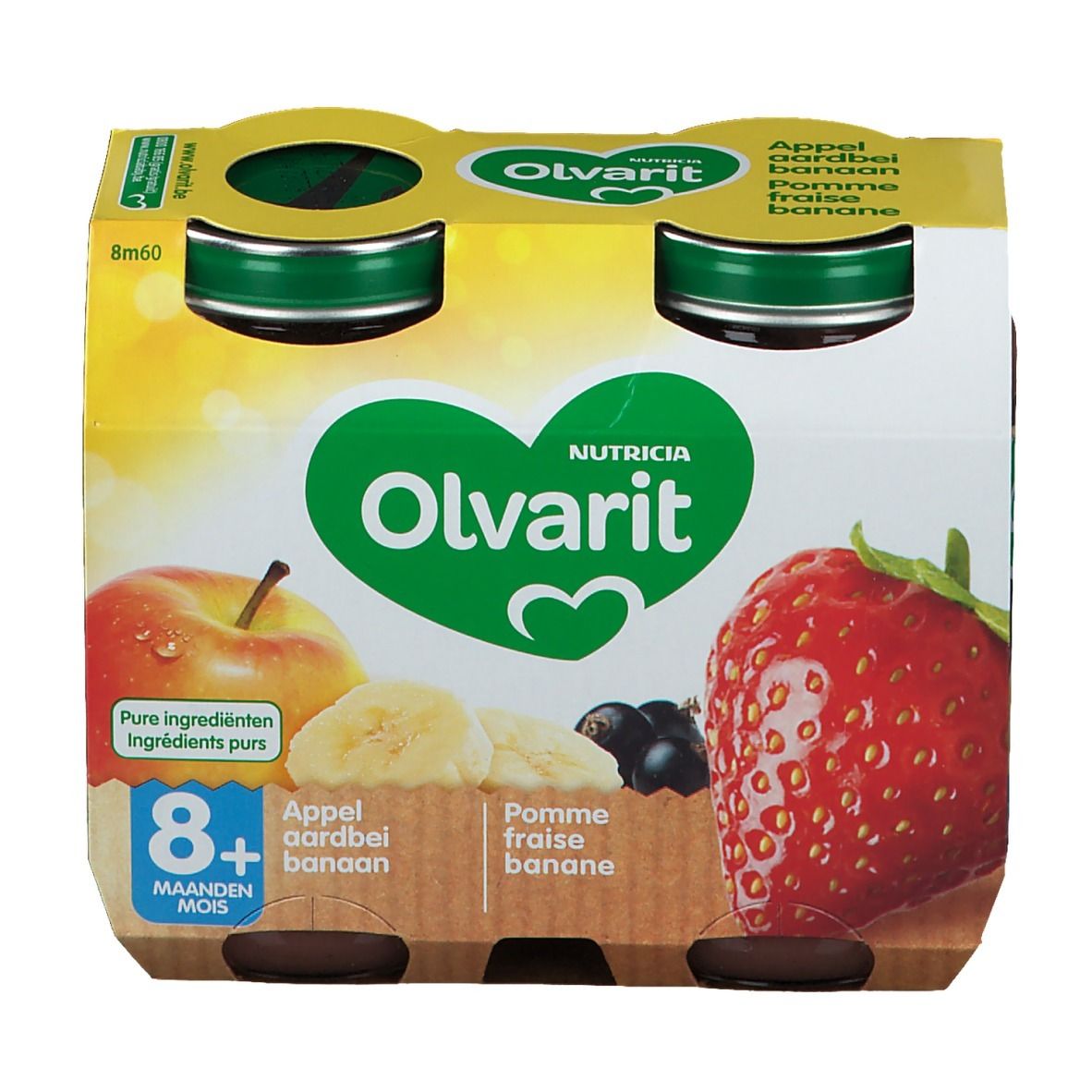 Verpakking met vier potjes Olvarit Appel Aardbei Banaan. Afbeelding van appel, aardbei en banaan. 8+ maanden.