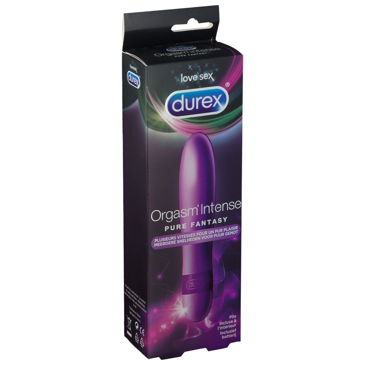 Emballage avec vibromasseur violet. Marque: durex®. Inscription: Orgasm Intense Pure Fantasy. Plusieurs vitesses.