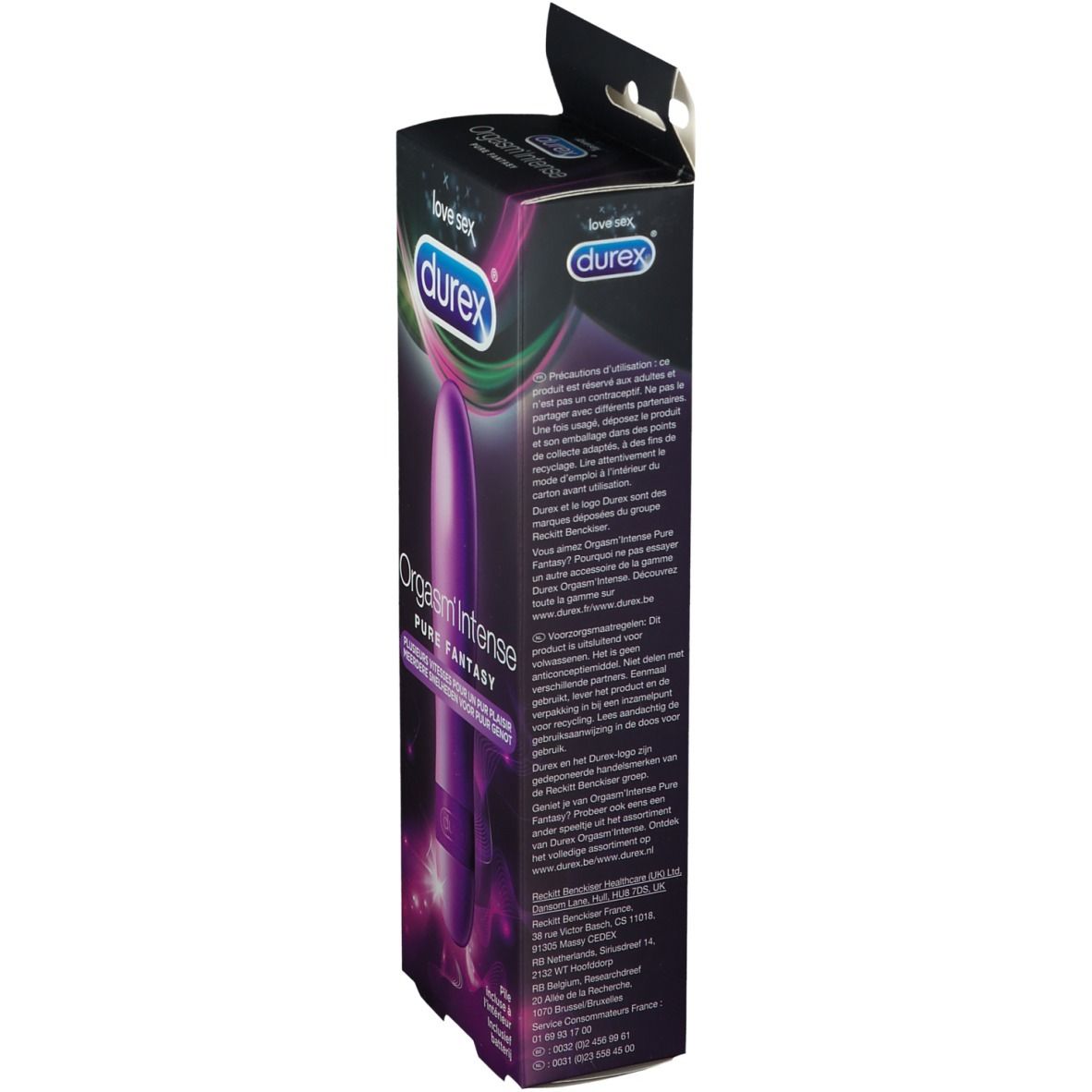 Vue latérale de l'emballage. Marque: durex®. Inscription: Orgasm Intense Pure Fantasy. Texte multilingue.