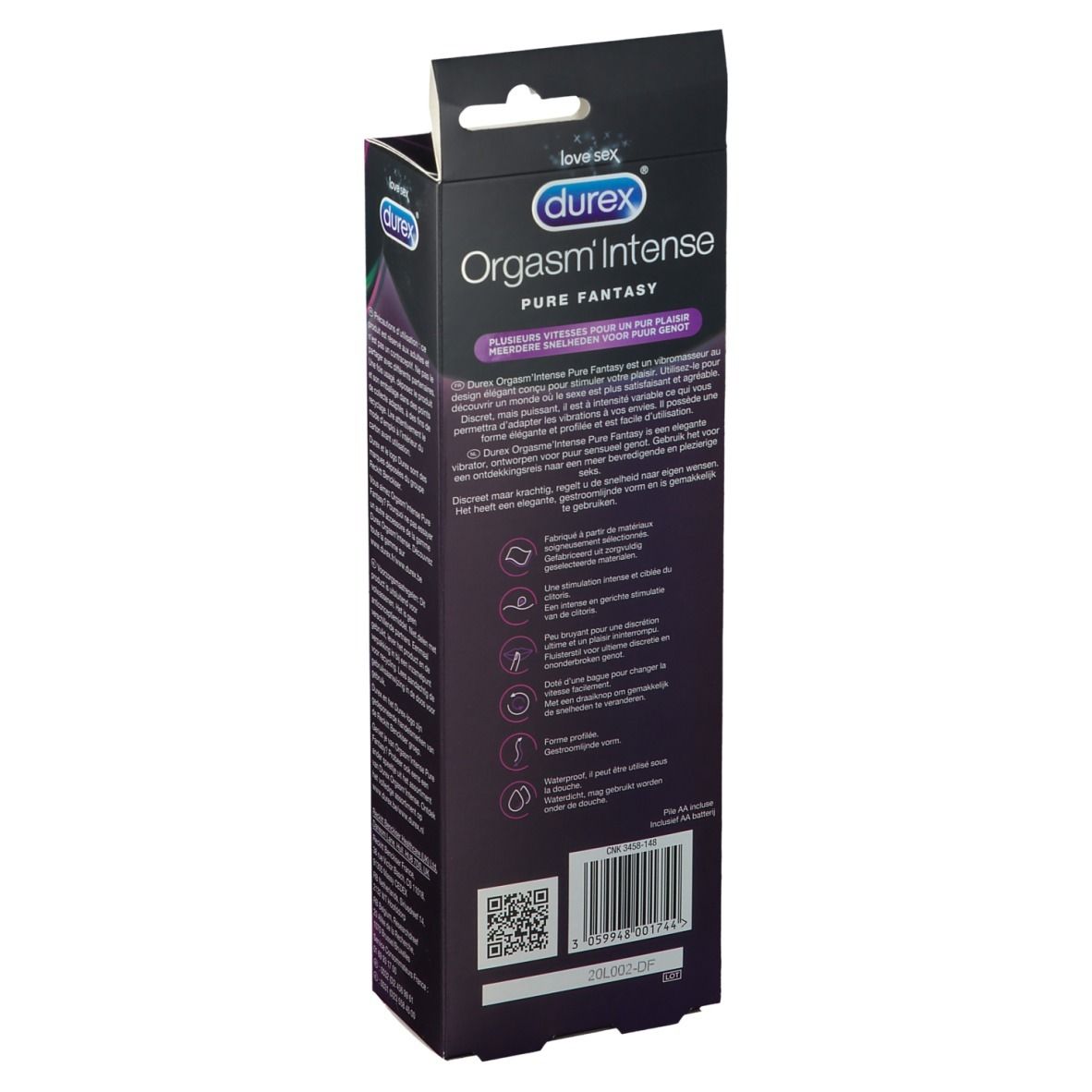 Dos de l'emballage. Marque: durex®. Inscription: Orgasm Intense Pure Fantasy. Texte et symboles.