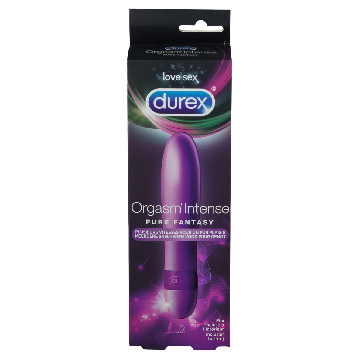 Emballage avec vibromasseur violet. Marque: durex®. Inscription: Orgasm Intense Pure Fantasy. Plusieurs vitesses.