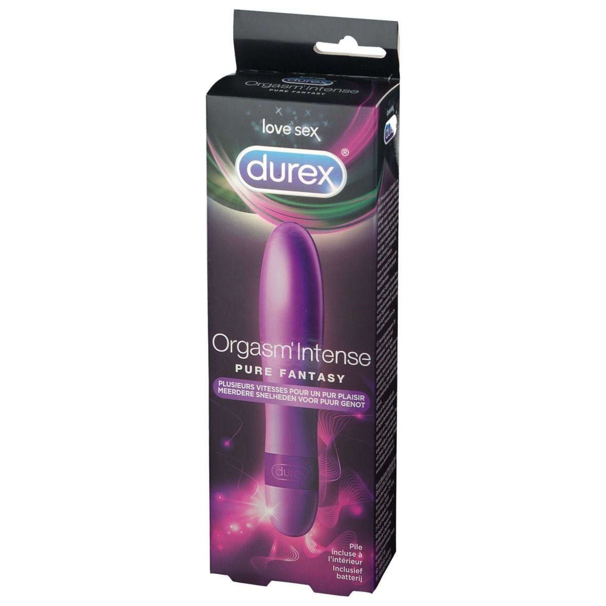 Emballage avec vibromasseur violet. Marque: durex®. Inscription: Orgasm Intense Pure Fantasy. Plusieurs vitesses.