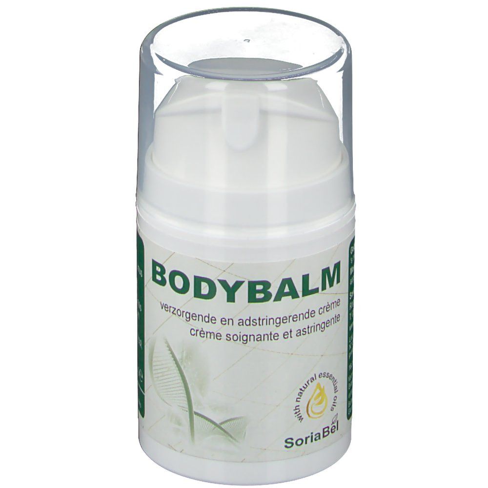 Flacon blanc avec bouchon transparent. Inscription BODYBALM, texte multilingue en dessous. Logo SoriaBel.