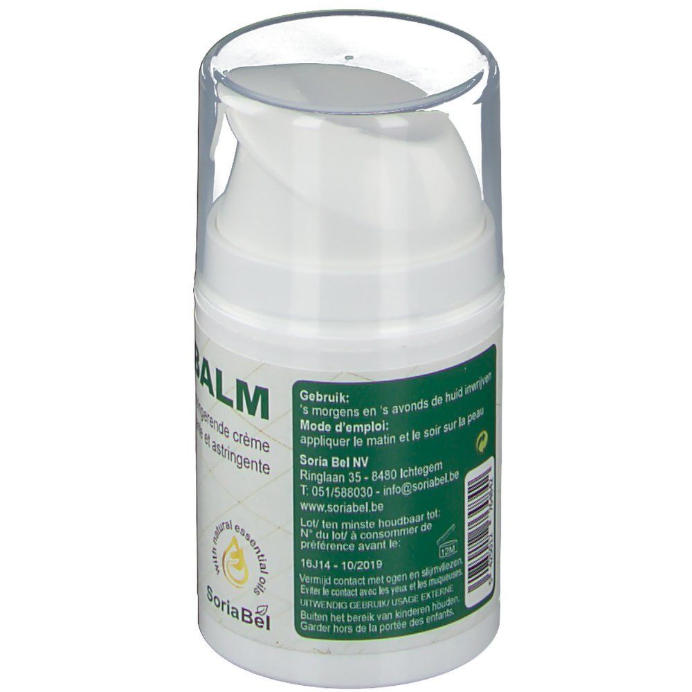 Flacon blanc avec bouchon transparent. Inscription BODYBALM, texte et logo SoriaBel. Dos avec texte multilingue.