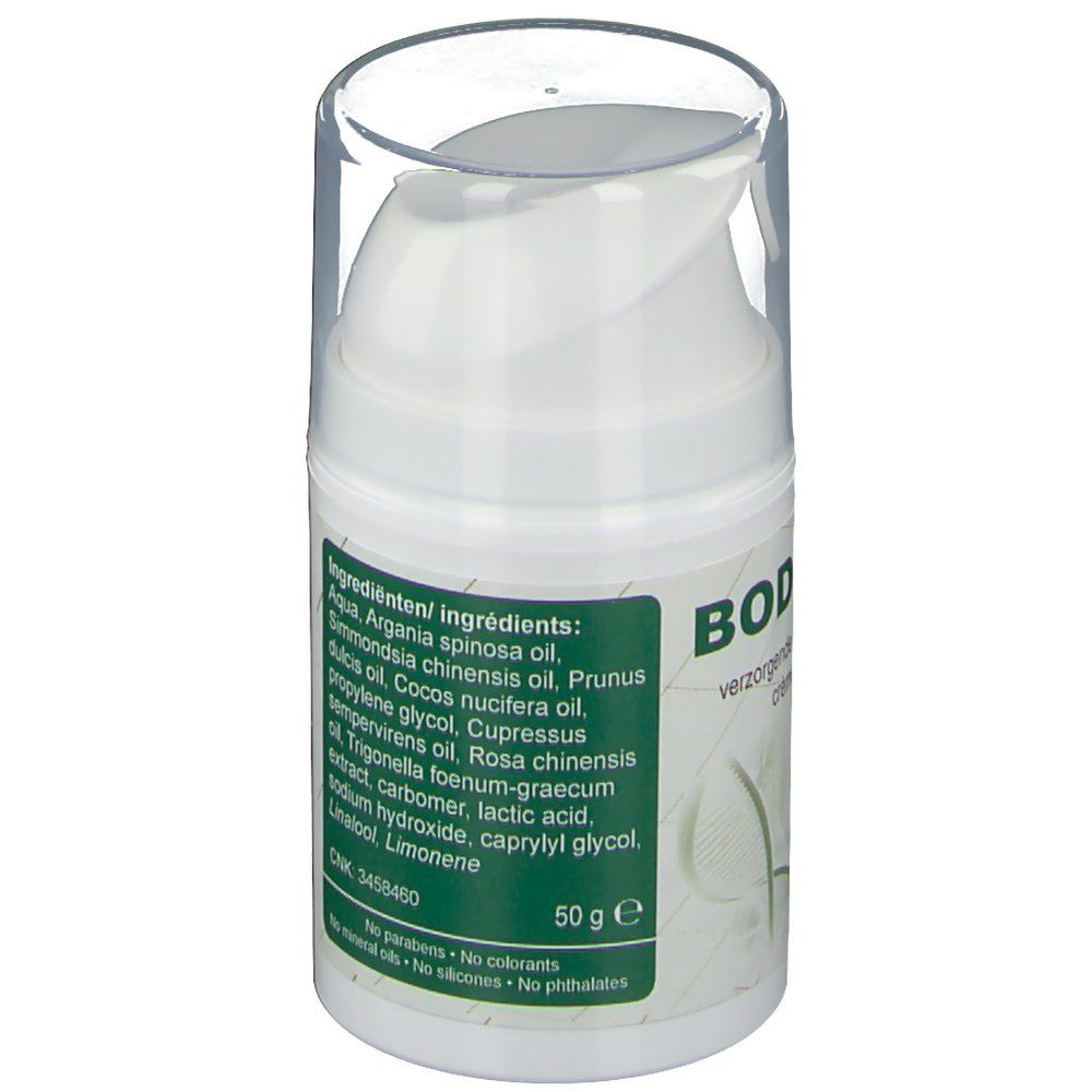 Flacon blanc avec bouchon transparent. Inscription BODYBALM, texte et logo SoriaBel. Dos avec ingrédients et poids.