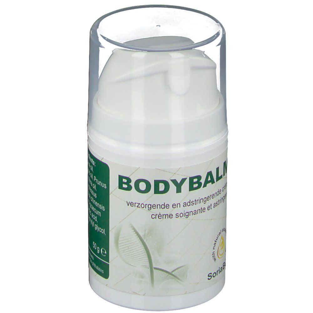 Flacon blanc avec bouchon transparent. Inscription BODYBALM, texte multilingue. Logo SoriaBel. 50g.