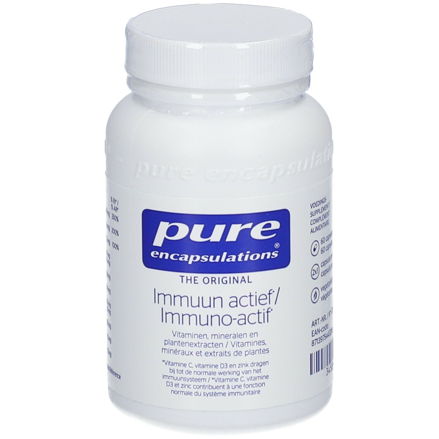 Flacon blanc avec étiquette bleue. Inscription : Pure Encapsulations, Immuun actief/Immuno-actif. Contient des vitamines et minéraux.