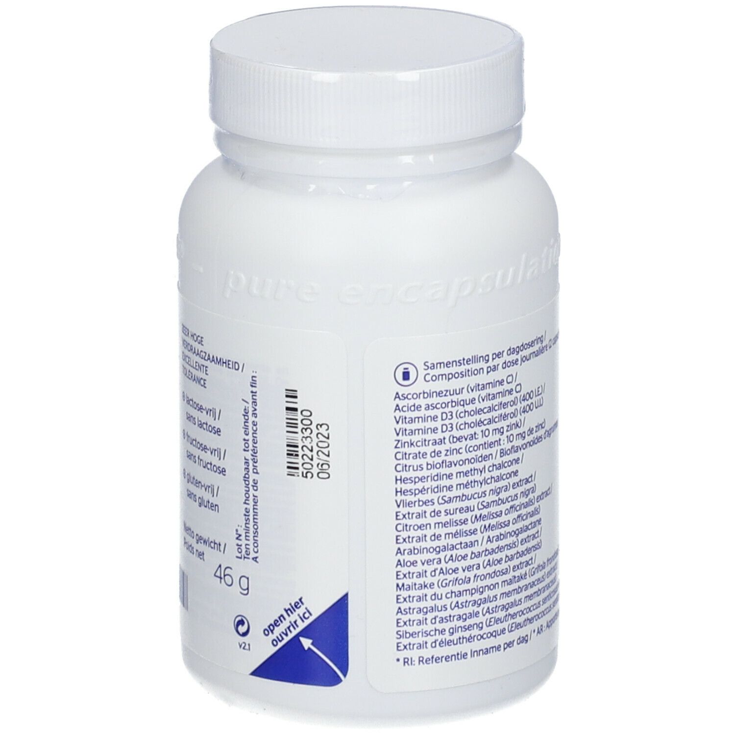 Dos du flacon blanc. Contient des informations sur les ingrédients et les valeurs nutritionnelles. Pourcentages des apports quotidiens recommandés.