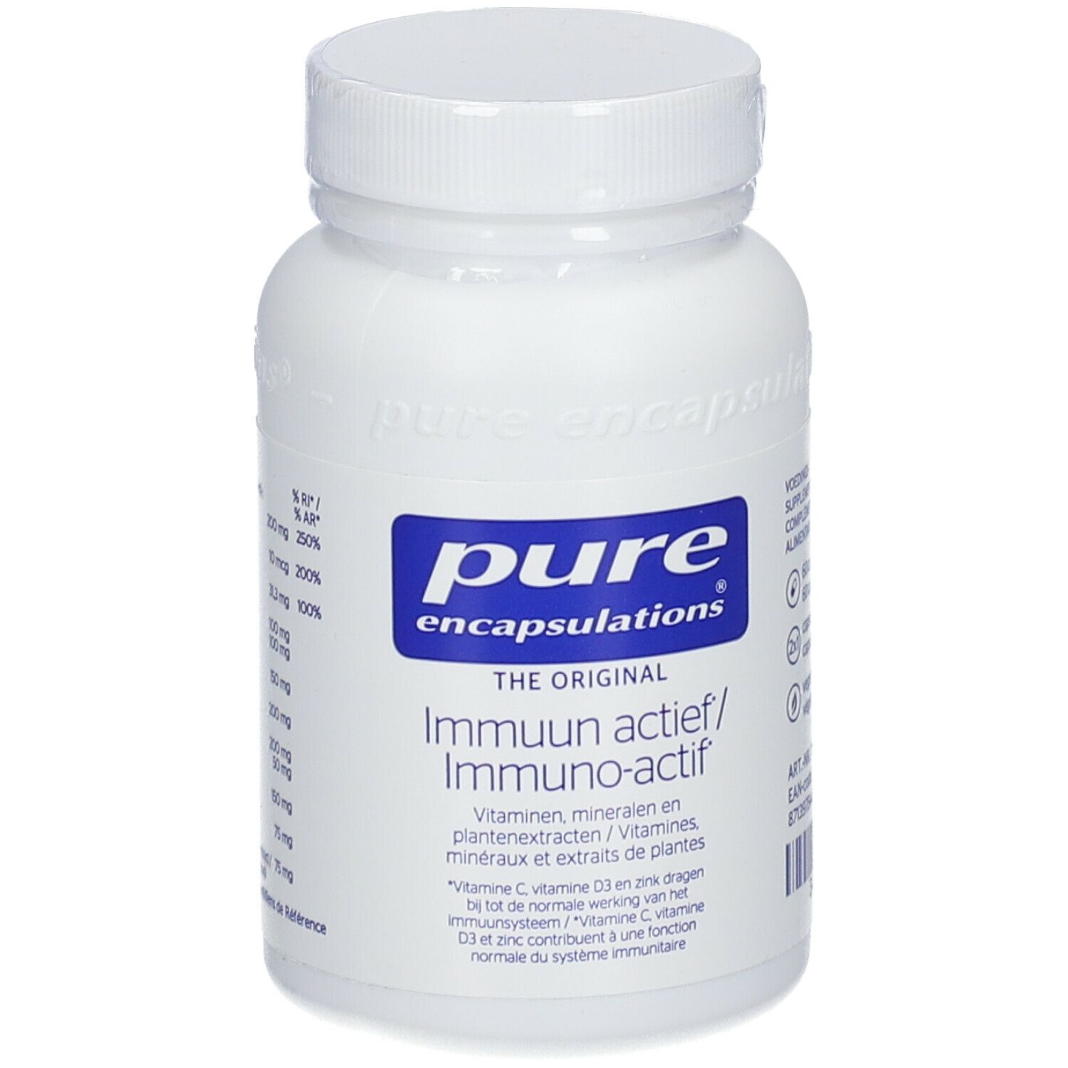 Flacon blanc avec étiquette bleue. Inscription : Pure Encapsulations, Immuun actief/Immuno-actif. Contient des vitamines et minéraux.