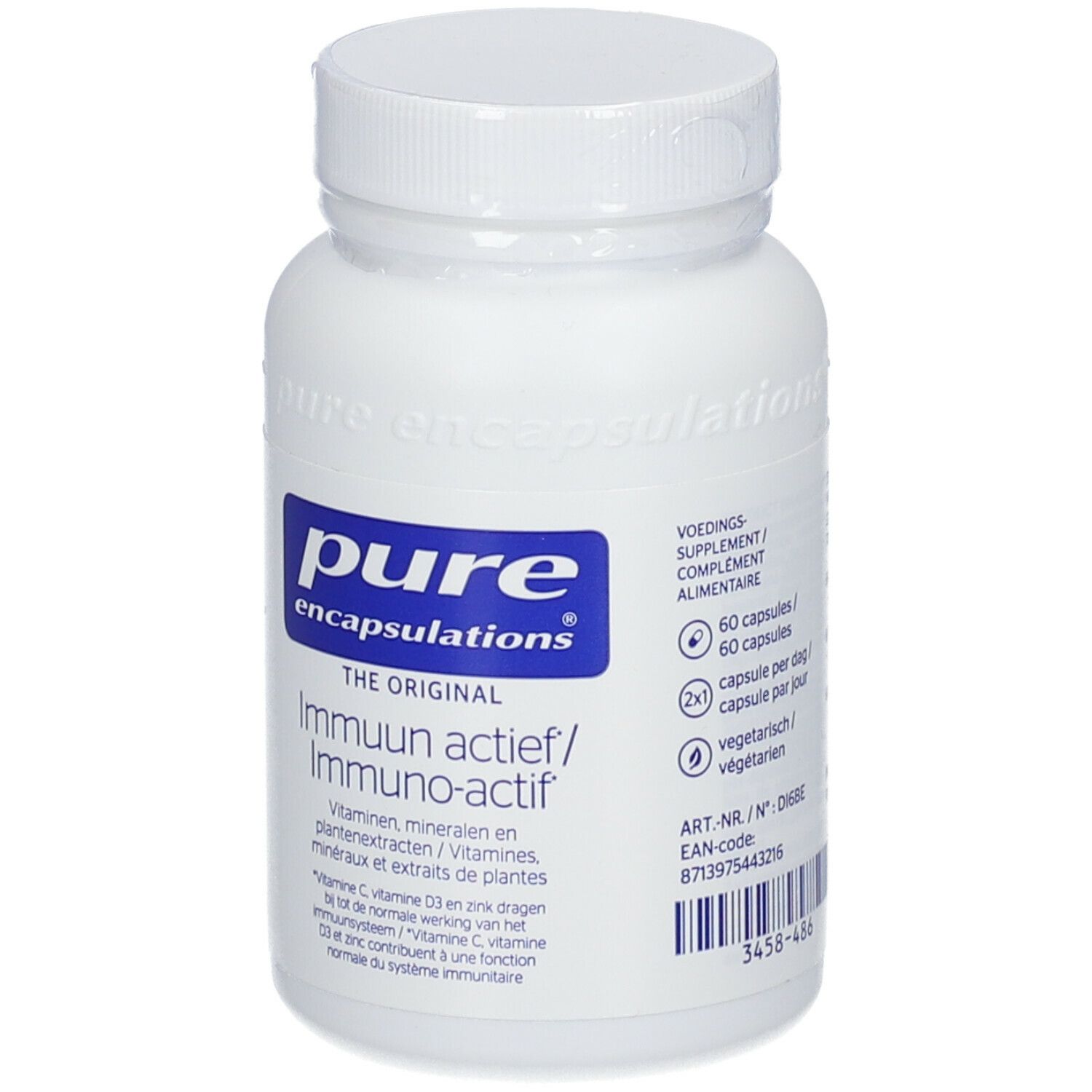 Flacon blanc avec étiquette bleue. Inscription : Pure Encapsulations, Immuun actief/Immuno-actif. Contient 60 gélules. Végétarien.