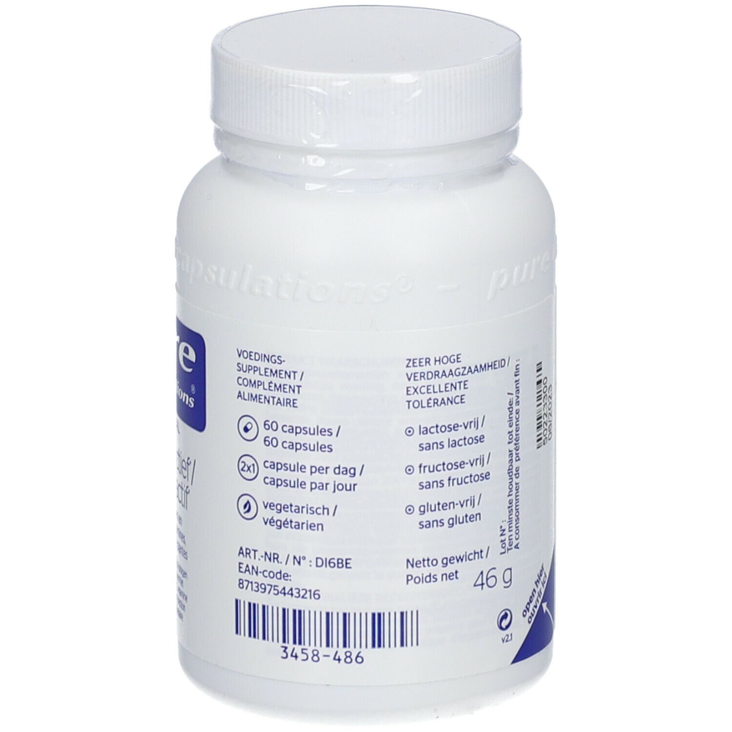 Dos du flacon blanc. Contient des informations sur les ingrédients et les valeurs nutritionnelles. 60 gélules. Sans lactose, fructose et gluten.