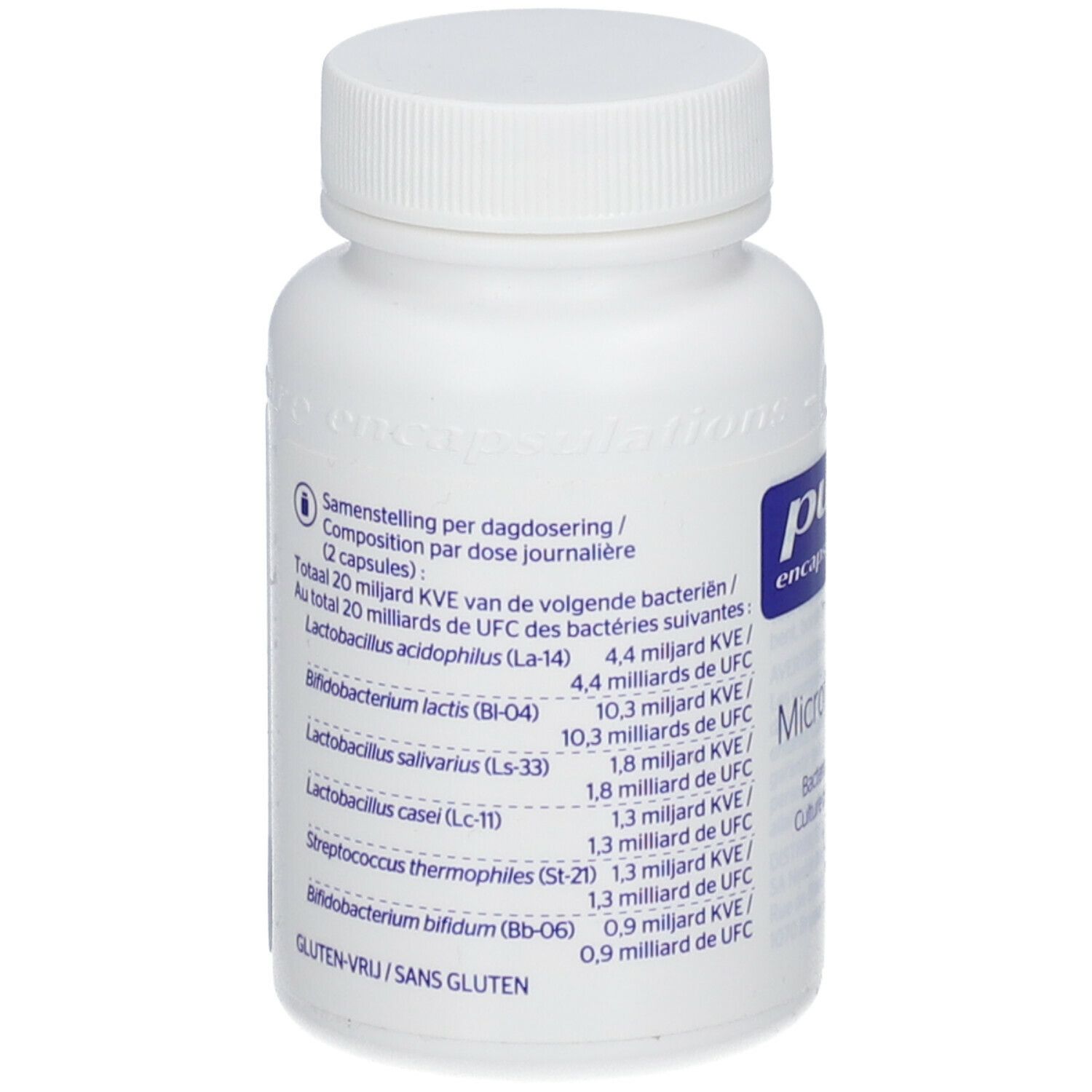 Achterkant van de witte fles. Lijst van bacteriesoorten en hoeveelheden. Glutenvrij.