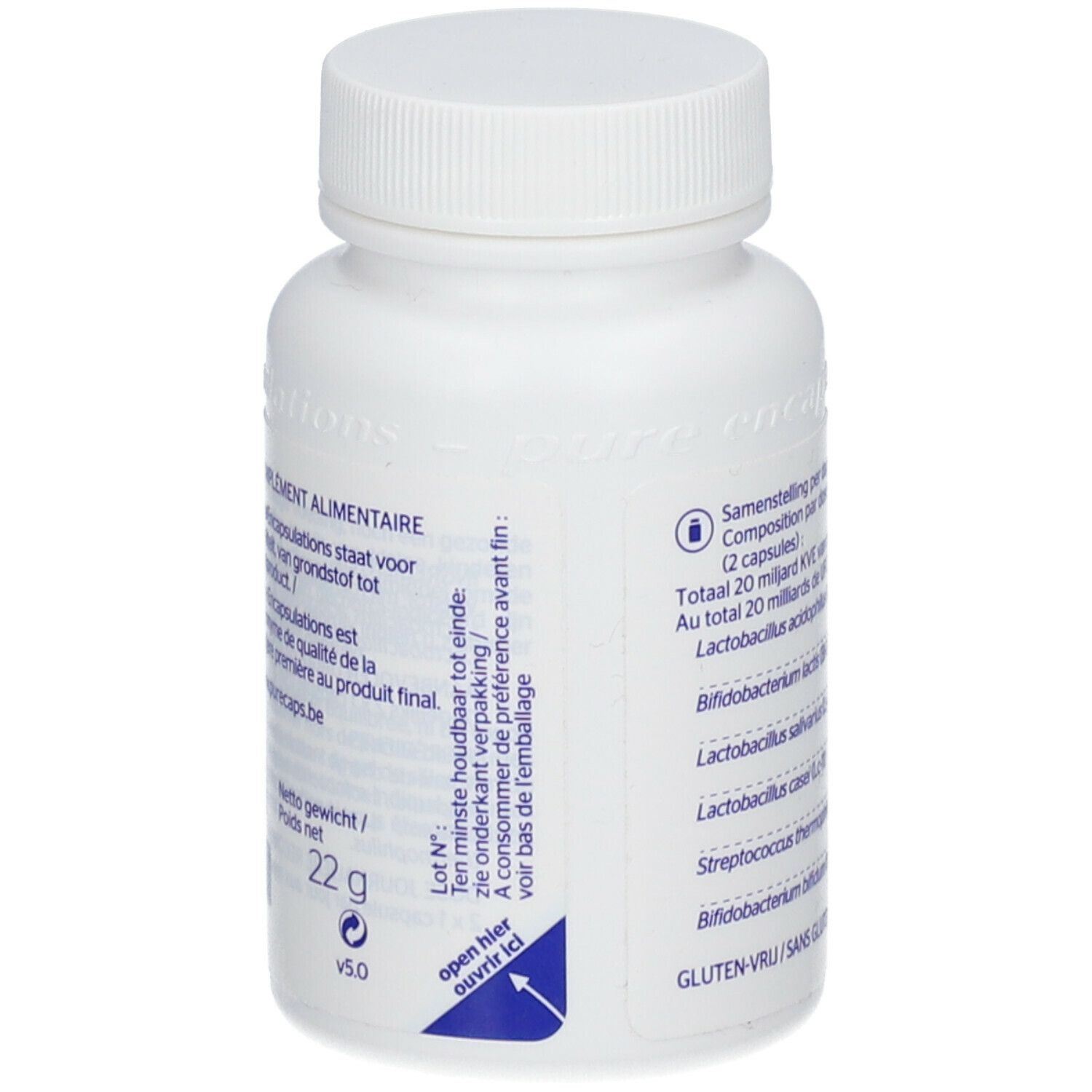 Achterkant van de witte fles. Informatie over ingrediënten en houdbaarheid. Nettogewicht 22 g.