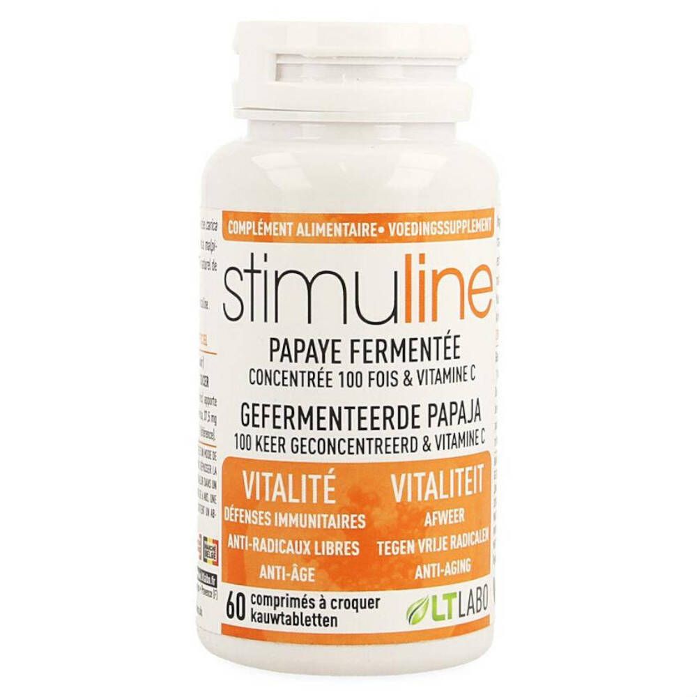 Witte fles met oranje etiket. Opschrift: Stimuline Papaye Fermentée, 60 kauwtabletten.