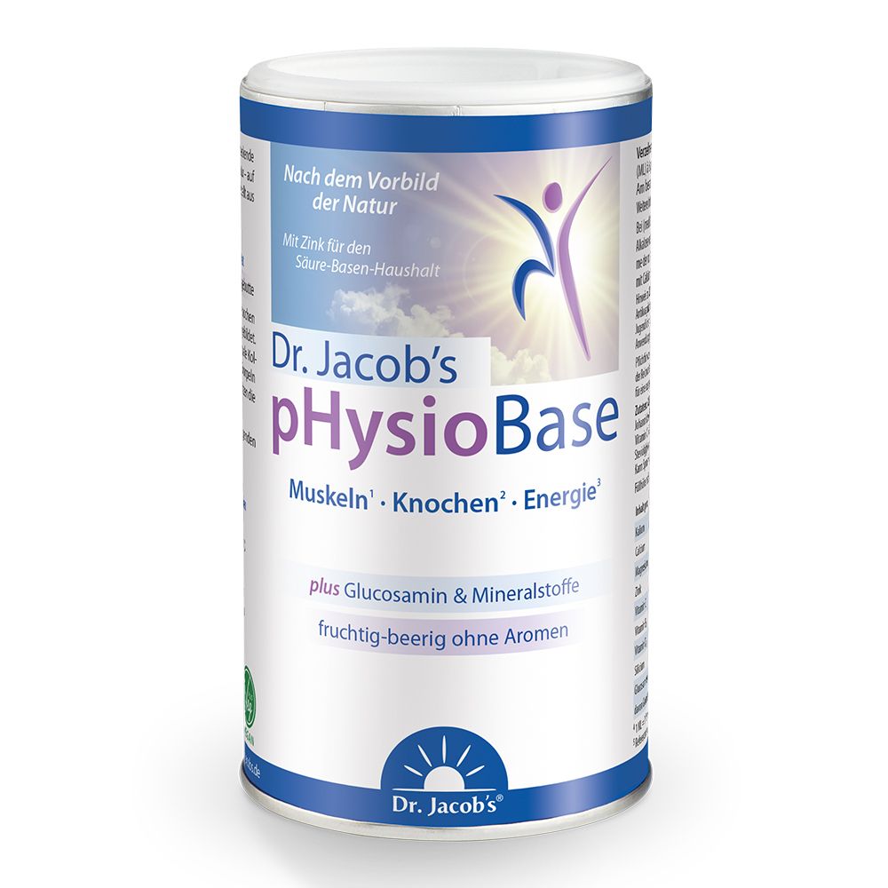 Zylindrische Dose. Aufschrift: Dr. Jacob's pHysioBase. Enthält Glucosamin und Mineralstoffe. Fruchtig-beerig ohne Aromen.