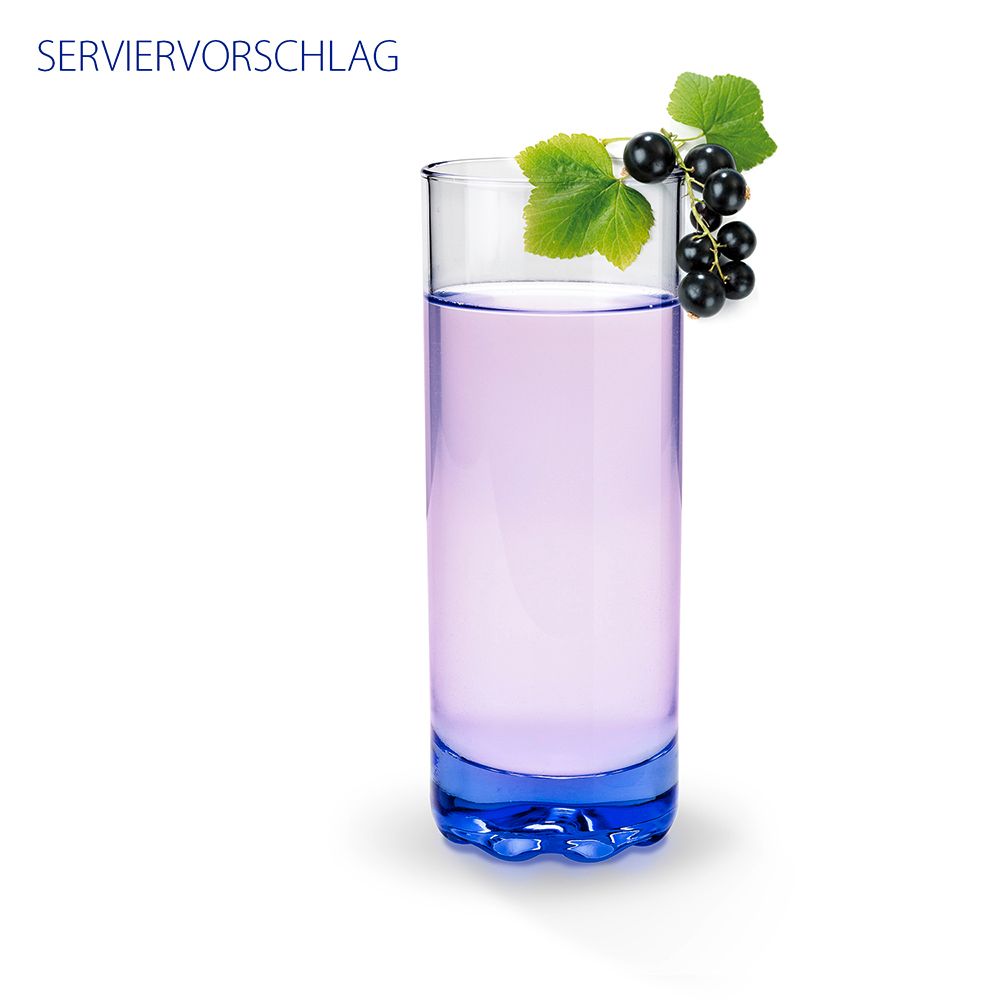 Hohes Glas mit lila Flüssigkeit. Dekoration: Zweig mit schwarzen Johannisbeeren und Blättern. Text: SERVIERVORSCHLAG.