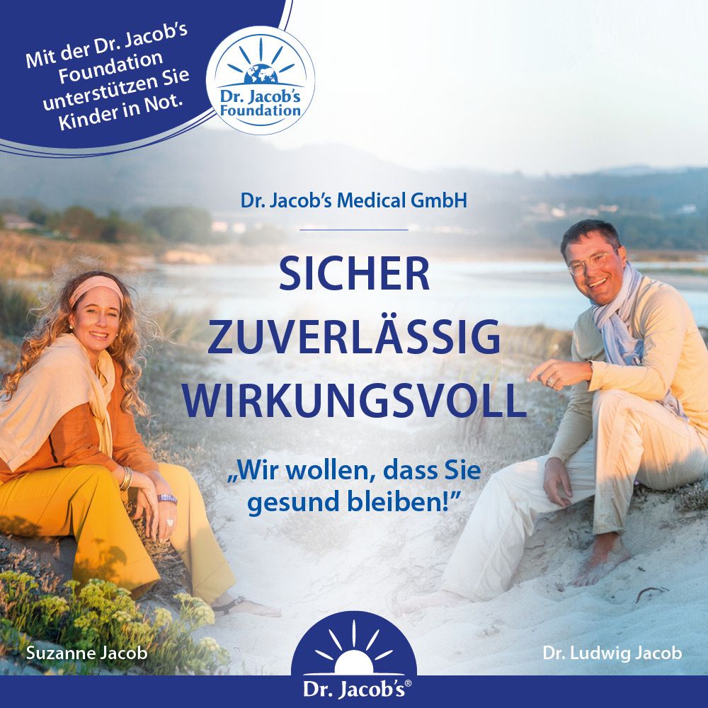 Zwei Personen sitzen am Strand. Text: Sicher, zuverlässig, wirkungsvoll. Logo: Dr. Jacob's Foundation unterstützt Kinder in Not.