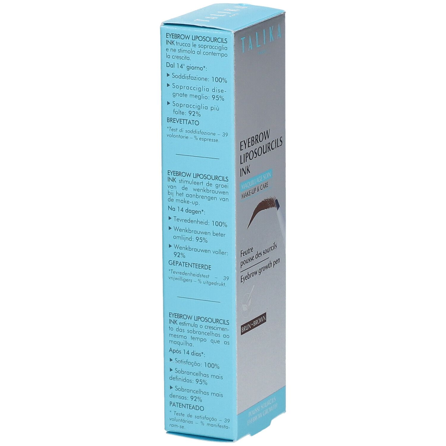 TALIKA Liposourcils Augenbrauenstift Braun. Verpackung mit Text in verschiedenen Sprachen. Enthält Informationen zur Zufriedenheit.