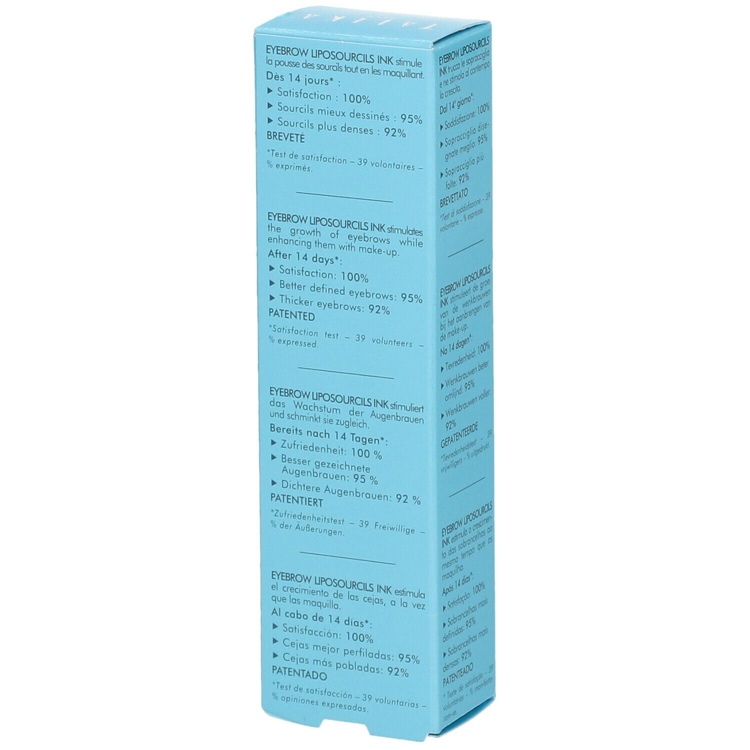 TALIKA Liposourcils Augenbrauenstift Braun. Verpackung mit Text in verschiedenen Sprachen. Enthält Informationen zur Zufriedenheit.