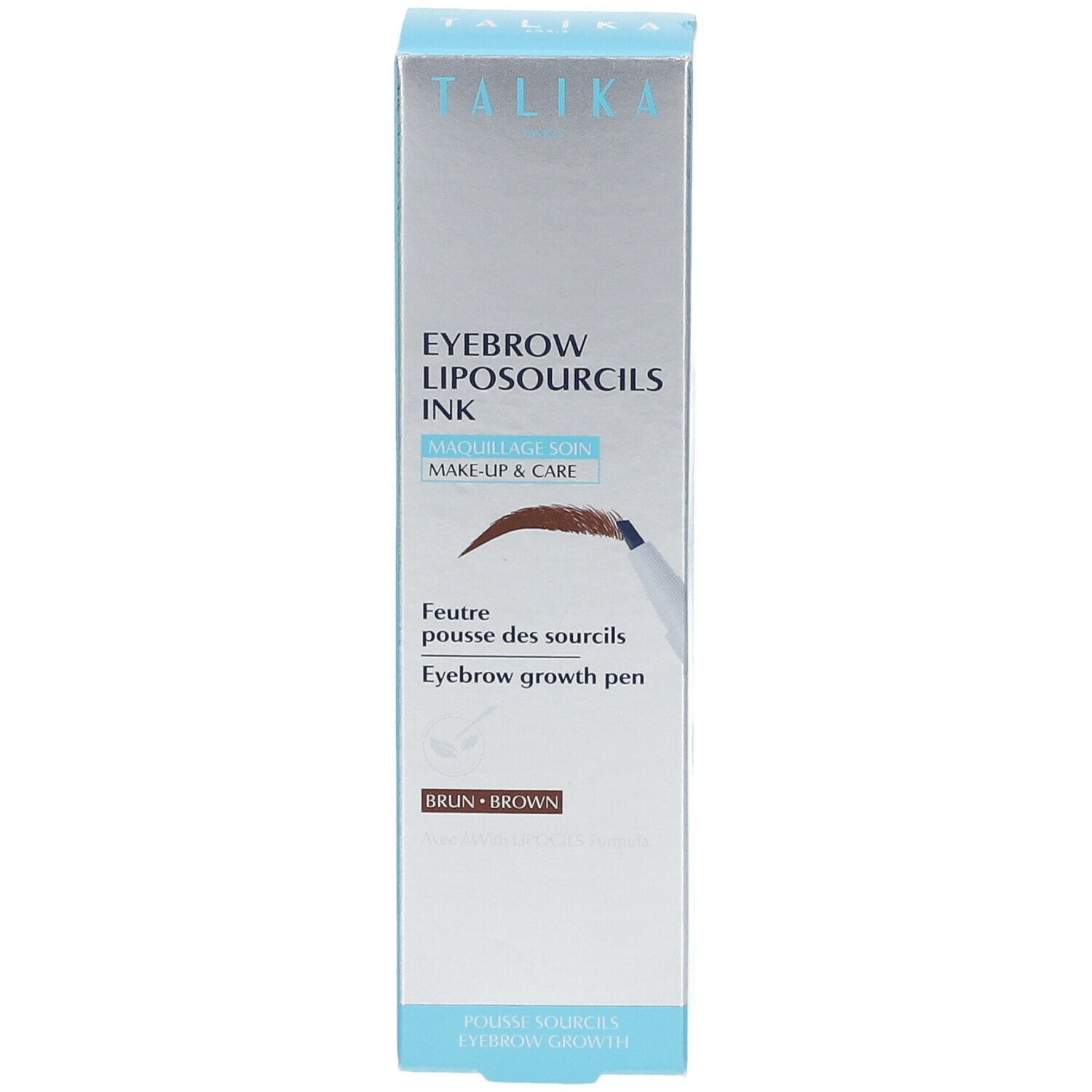 TALIKA Liposourcils Augenbrauenstift Braun. Verpackung mit Produktabbildung und Schriftzug. Enthält Informationen zur Augenbrauenpflege.