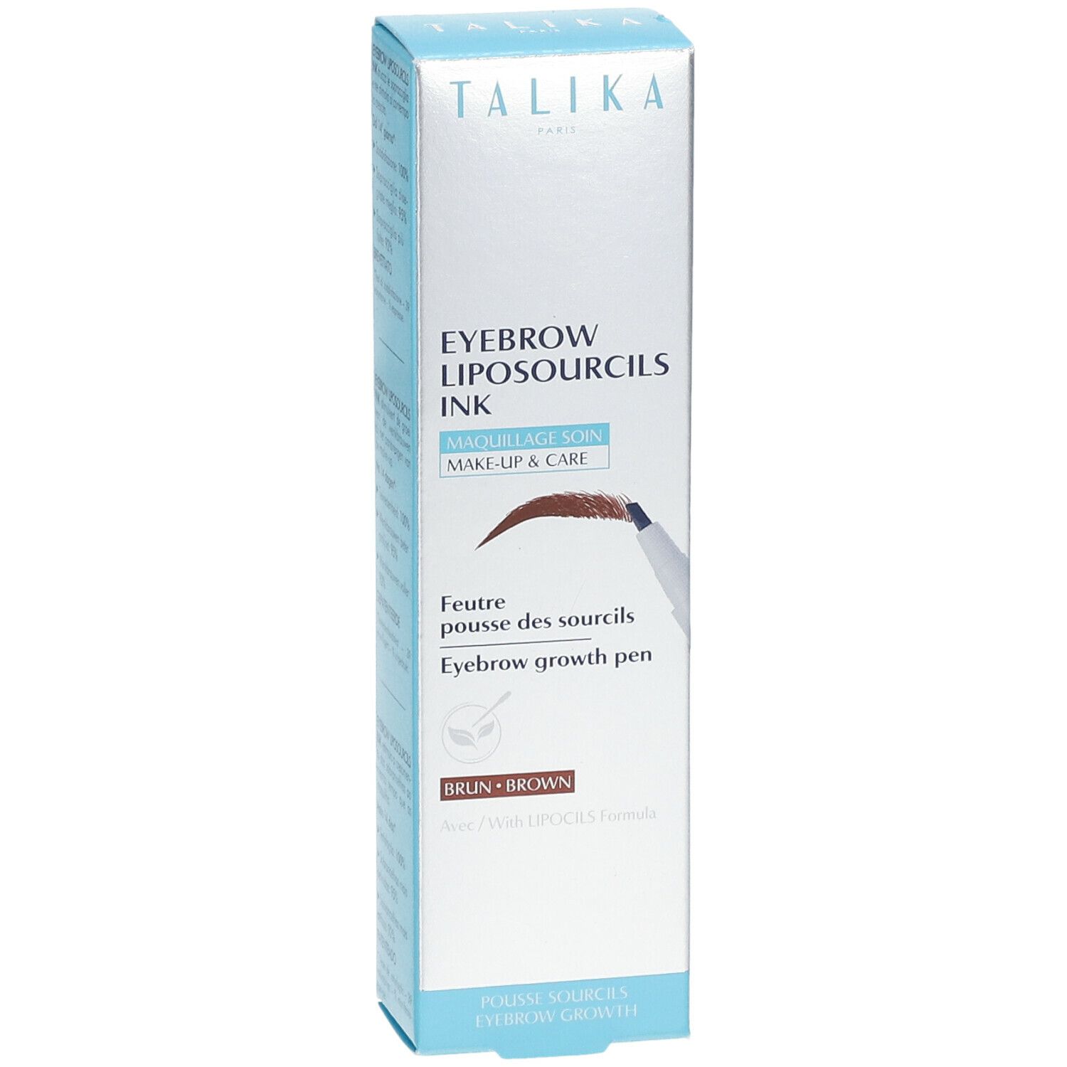 TALIKA Liposourcils Augenbrauenstift Braun. Verpackung mit Produktabbildung und Schriftzug. Enthält Informationen zur Augenbrauenpflege.