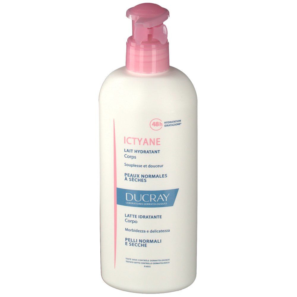 Flacon blanc avec pompe rose. Inscription: Ictyane, Lait Hydratant Corps, Ducray. Pour peaux normales à sèches.