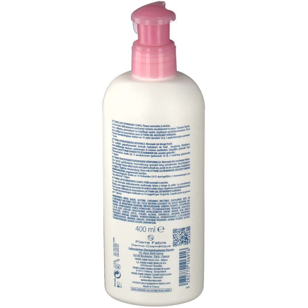 Dos du flacon blanc avec pompe rose. Texte et ingrédients.