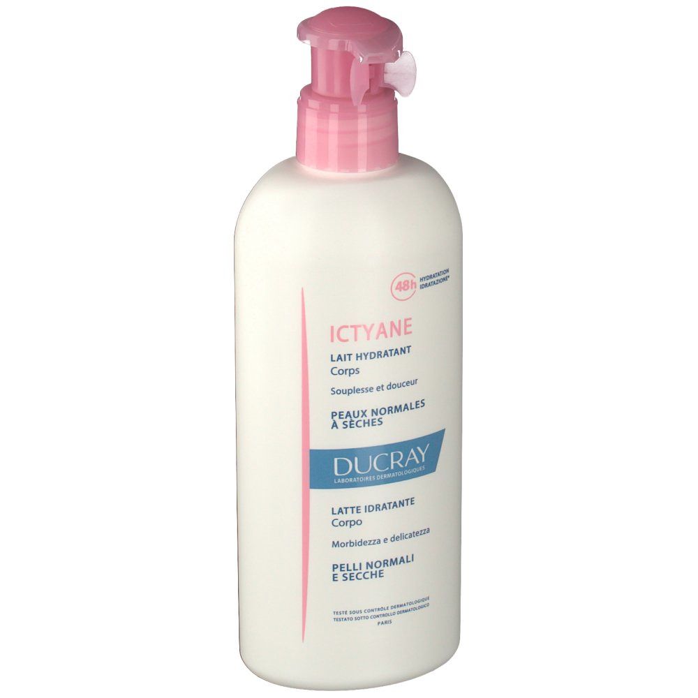 Flacon blanc avec pompe rose. Inscription: Ictyane, Lait Hydratant Corps, Ducray. Pour peaux normales à sèches.
