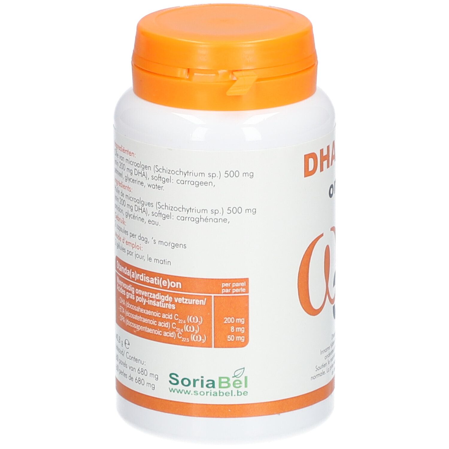 Rückseite der weißen Flasche mit orangefarbenem Deckel. Enthält Informationen zu Inhaltsstoffen und Nährwerten. Logo: SoriaBel.