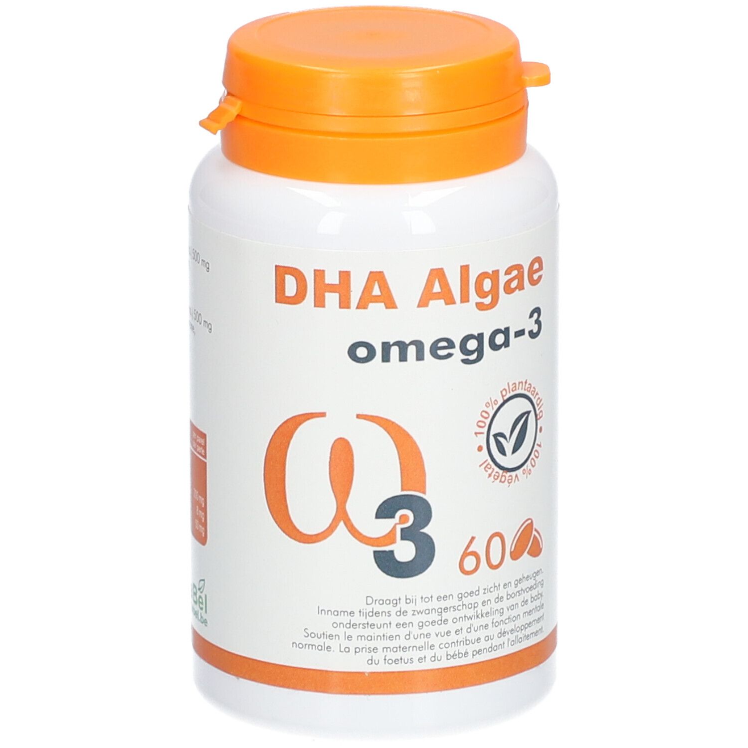 Weiße Flasche mit orangefarbenem Deckel. Aufschrift: DHA Algae omega-3. Enthält 60 Kapseln. Logo: 100% pflanzlich.