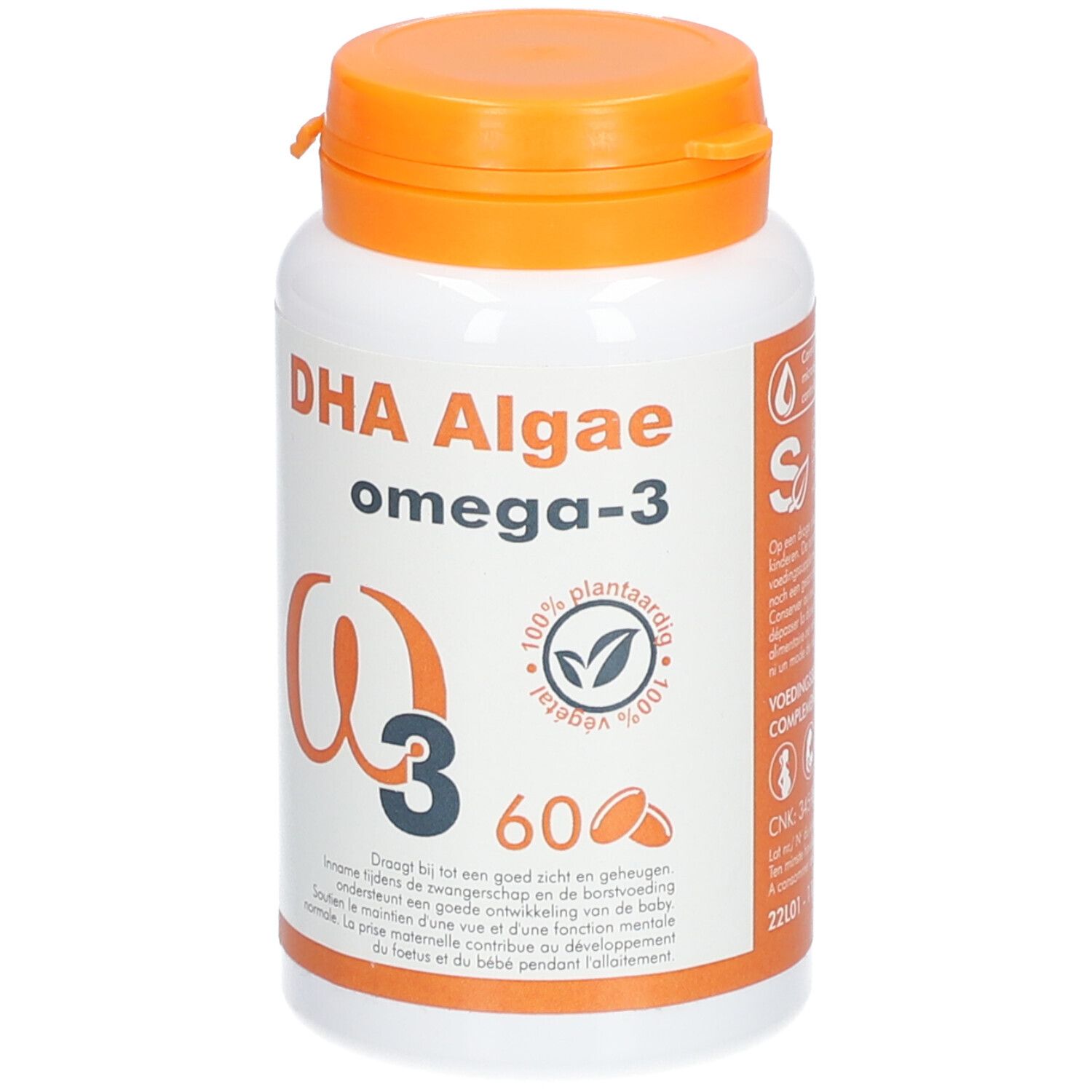 Weiße Flasche mit orangefarbenem Deckel. Aufschrift: DHA Algae omega-3. Enthält 60 Kapseln. Logo: 100% pflanzlich. Logo: SoriaBel.