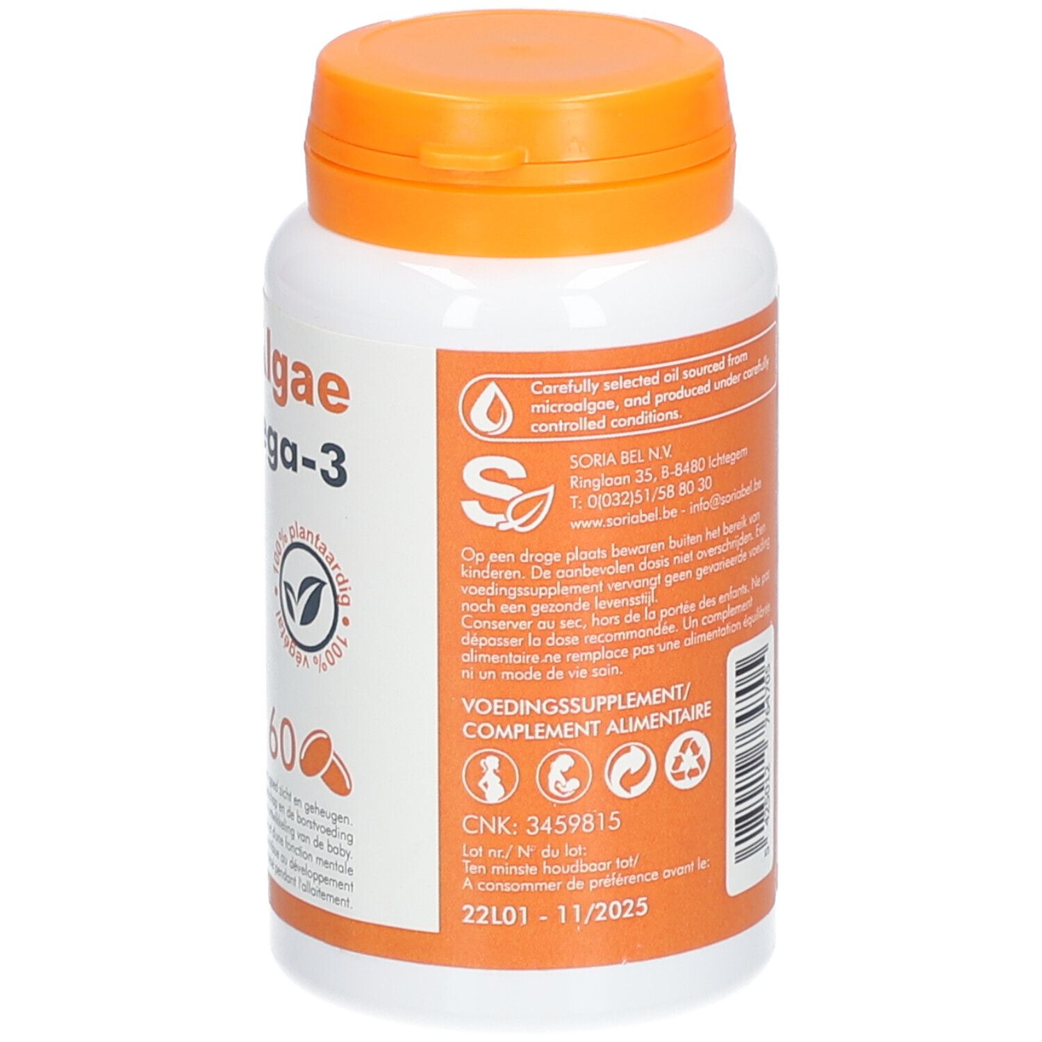 Rückseite der weißen Flasche mit orangefarbenem Deckel. Enthält Informationen, Logo: SoriaBel. CNK-Nummer und Verfallsdatum.