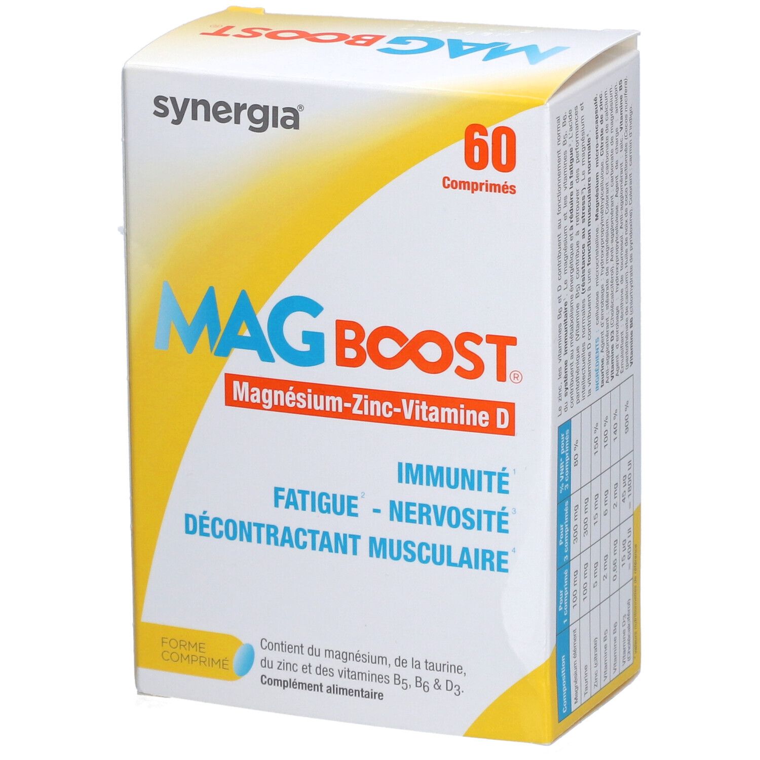 Boîte de complément alimentaire "MAG BOOST". Contient 60 comprimés. Inscription : Magnésium-Zinc-Vitamine D.