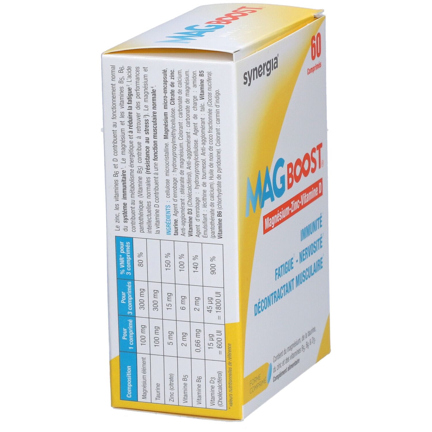 Boîte "MAG BOOST" avec informations. Contient 60 comprimés. Inscription : Magnésium-Zinc-Vitamine D. Ingrédients et valeurs nutritionnelles.