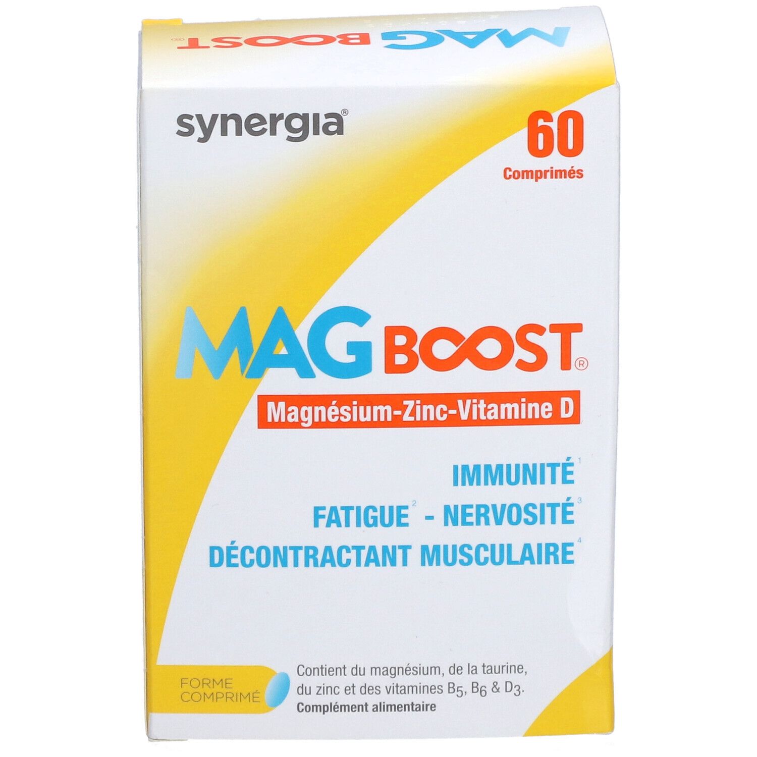 Boîte de complément alimentaire "MAG BOOST". Contient 60 comprimés. Inscription : Magnésium-Zinc-Vitamine D.