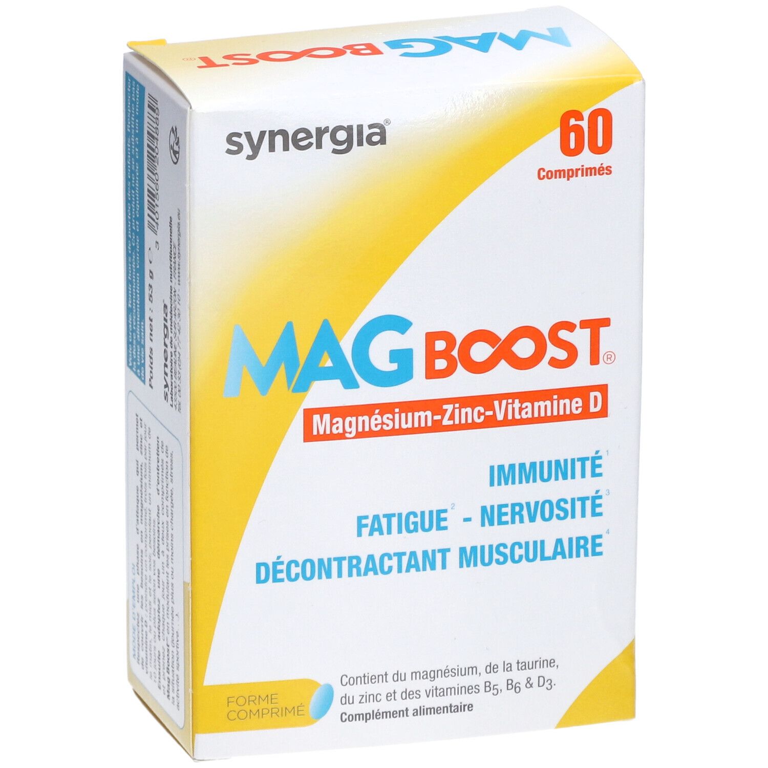 Boîte de complément alimentaire "MAG BOOST". Contient 60 comprimés. Inscription : Magnésium-Zinc-Vitamine D.