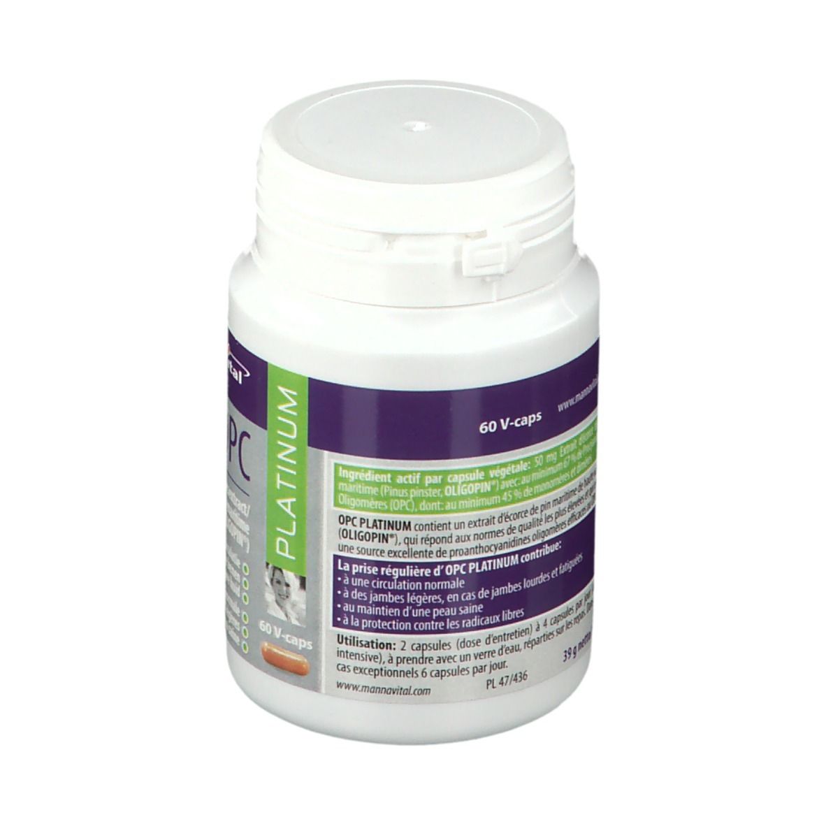 Witte fles met capsules. Etiket met productinfo en 60 V-caps. Veiligheidssluiting.