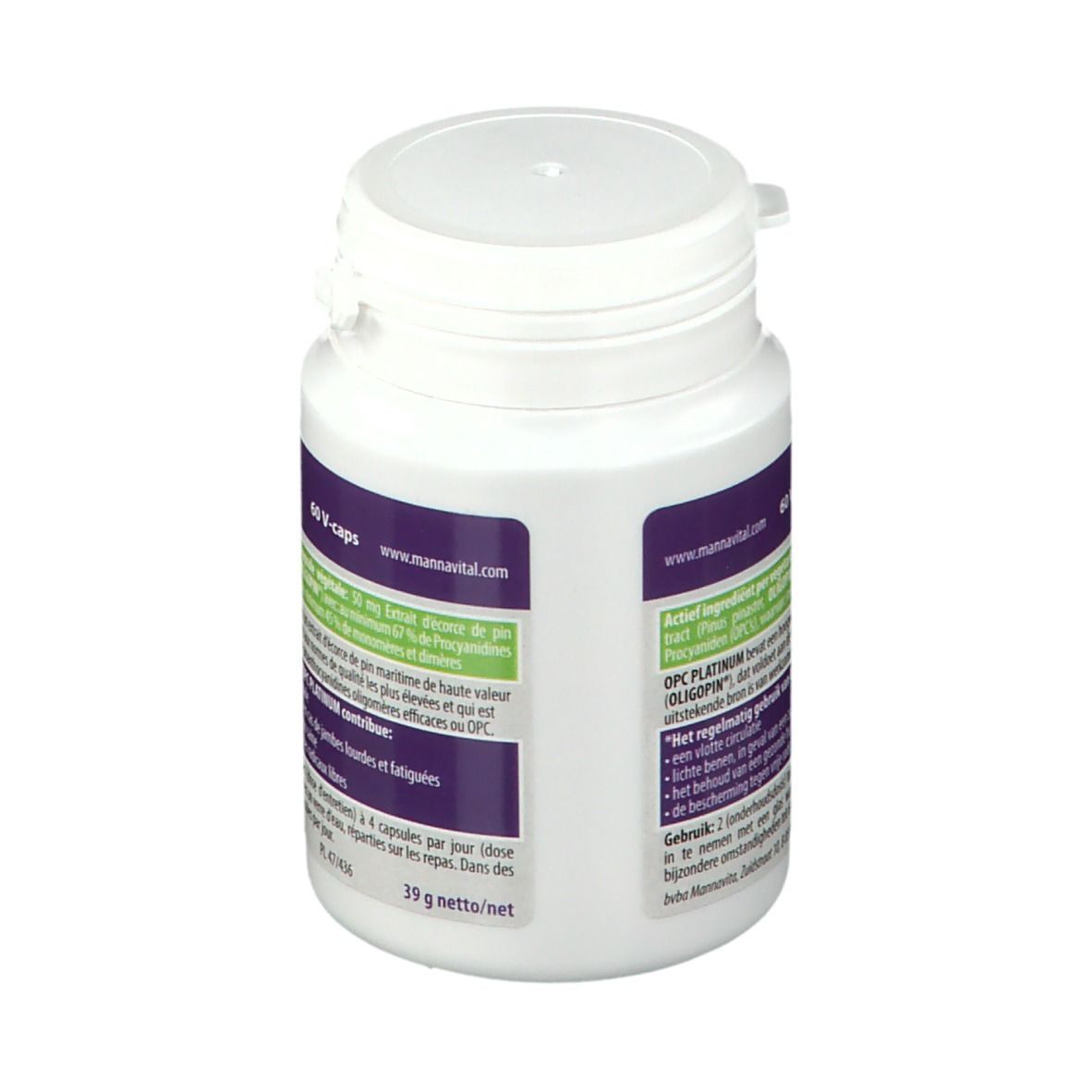 Witte fles met capsules. Productinfo op achterkant. 60 V-caps. Veiligheidssluiting.
